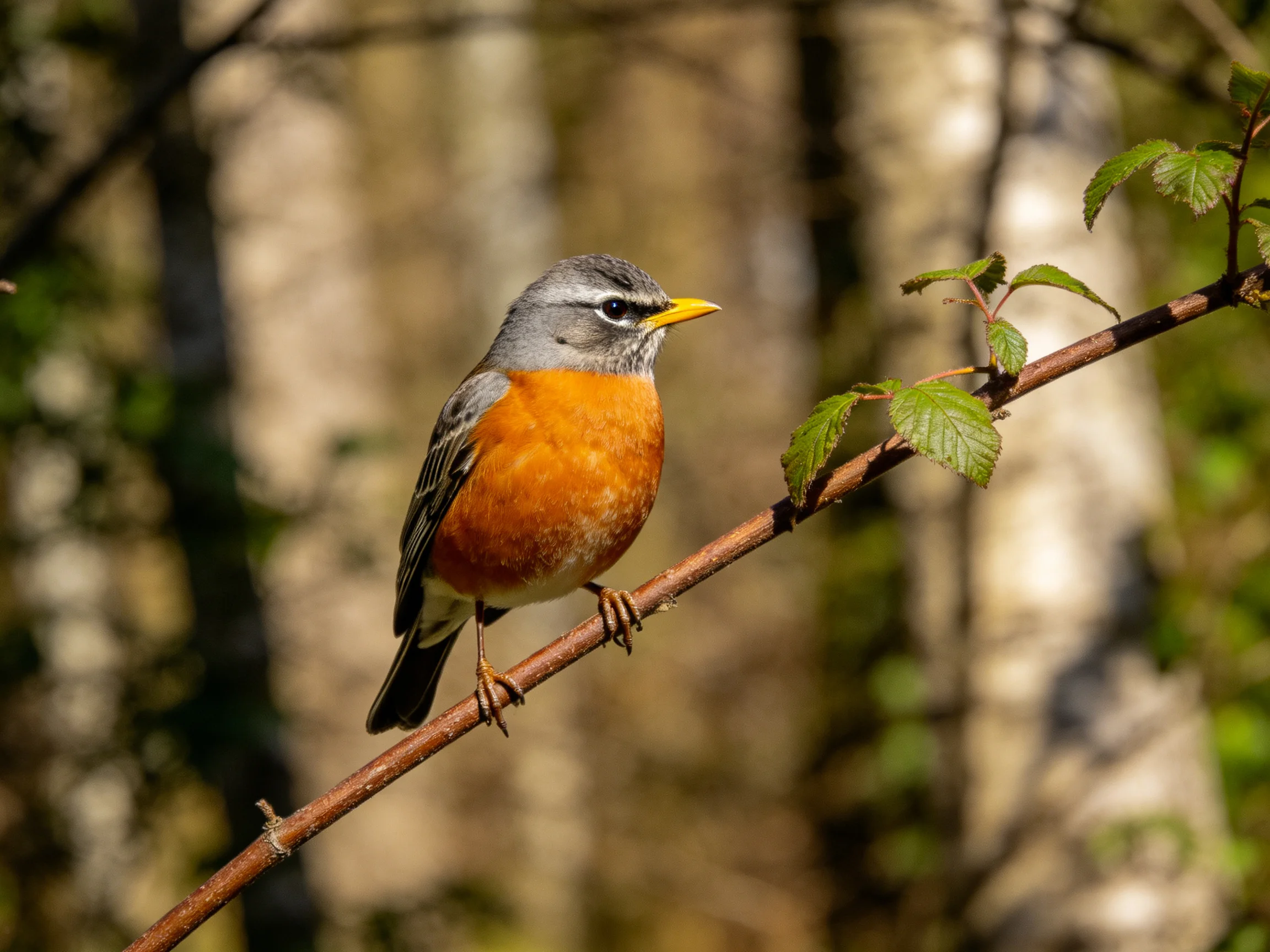 Gray-headed bird with orange chest perches on a branch