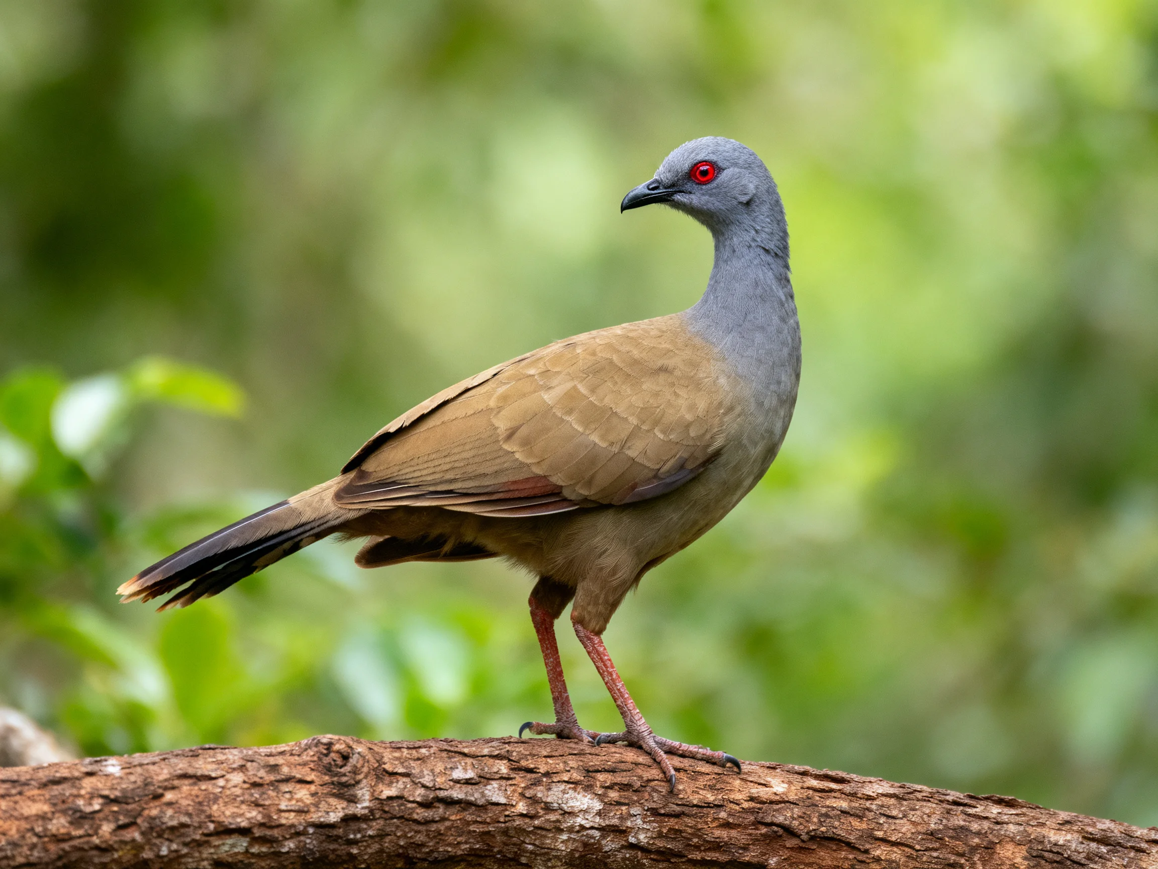 Gray-headed bird with red eyes perched on a tree branch
