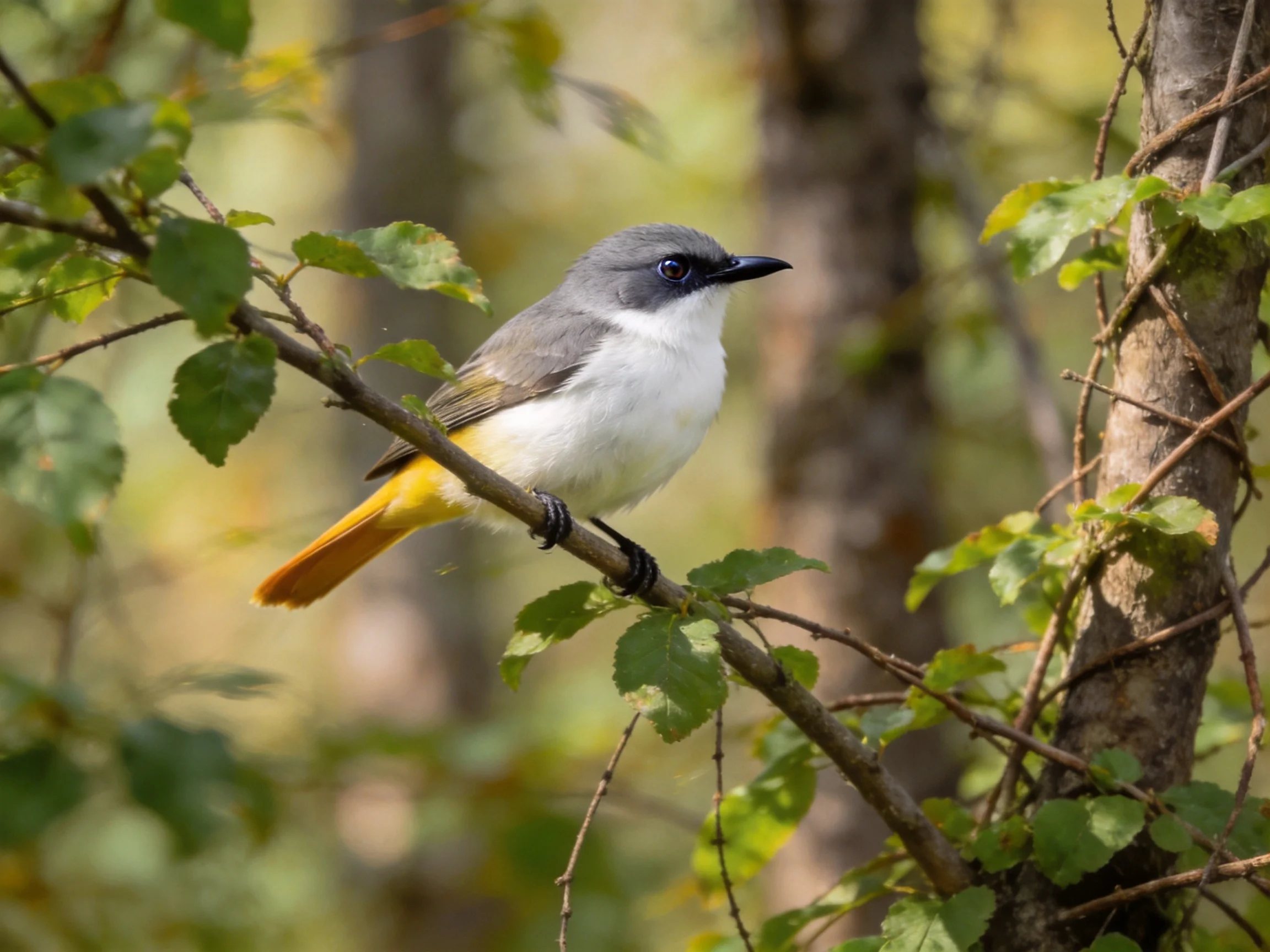 Gray-headed bird with yellow tail on leafy branch