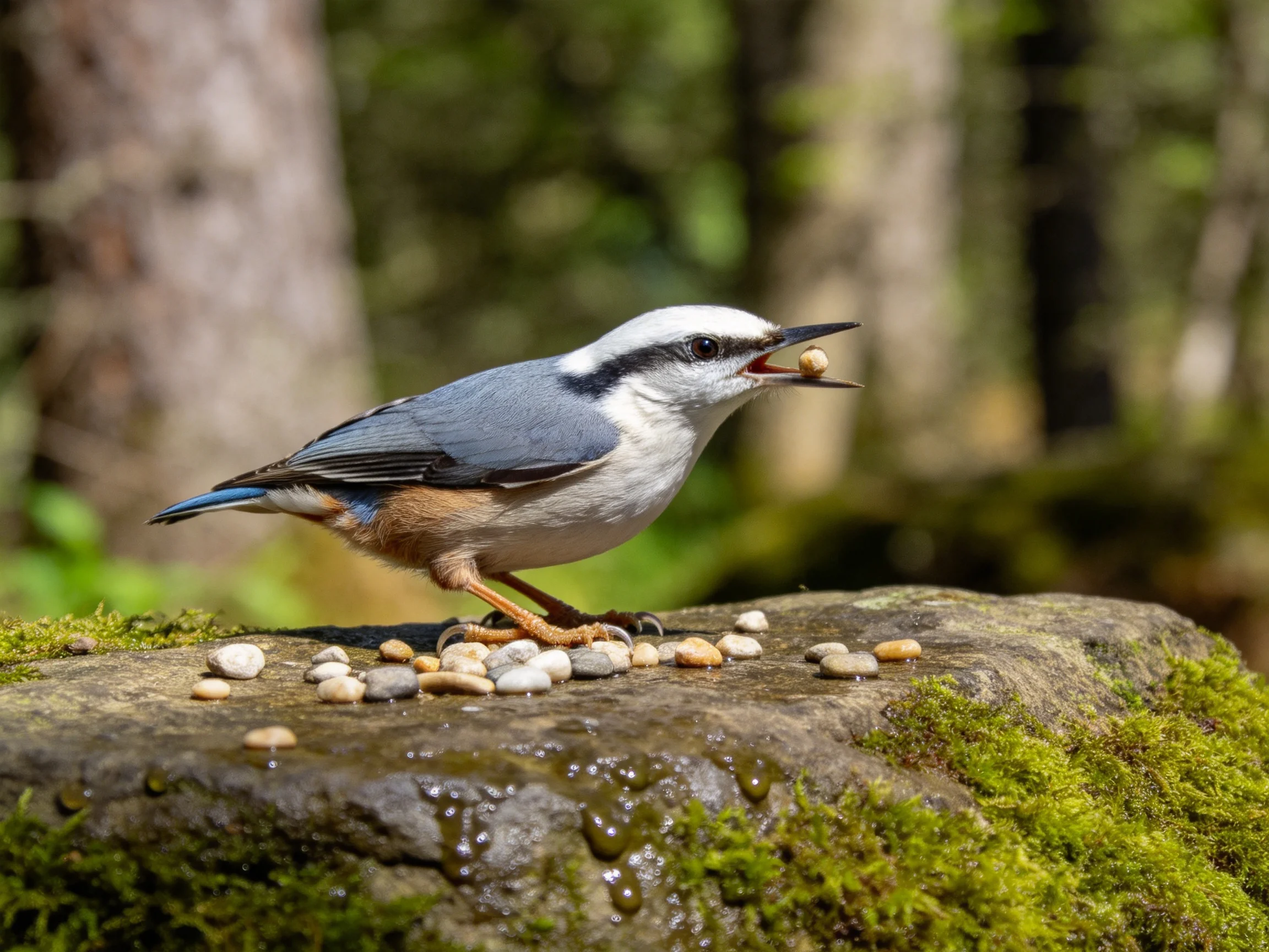 A gray-headed nuthatch gathers food while perched on a moss-covered stone with pebbles nearby.