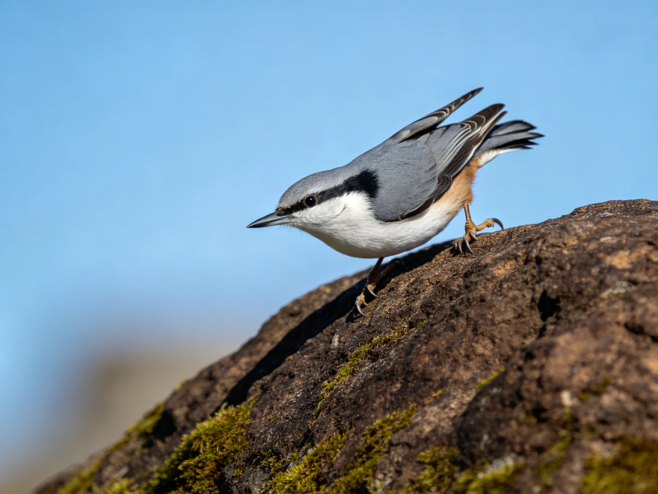 Gray-headed nuthatch perched on mossy brown rock