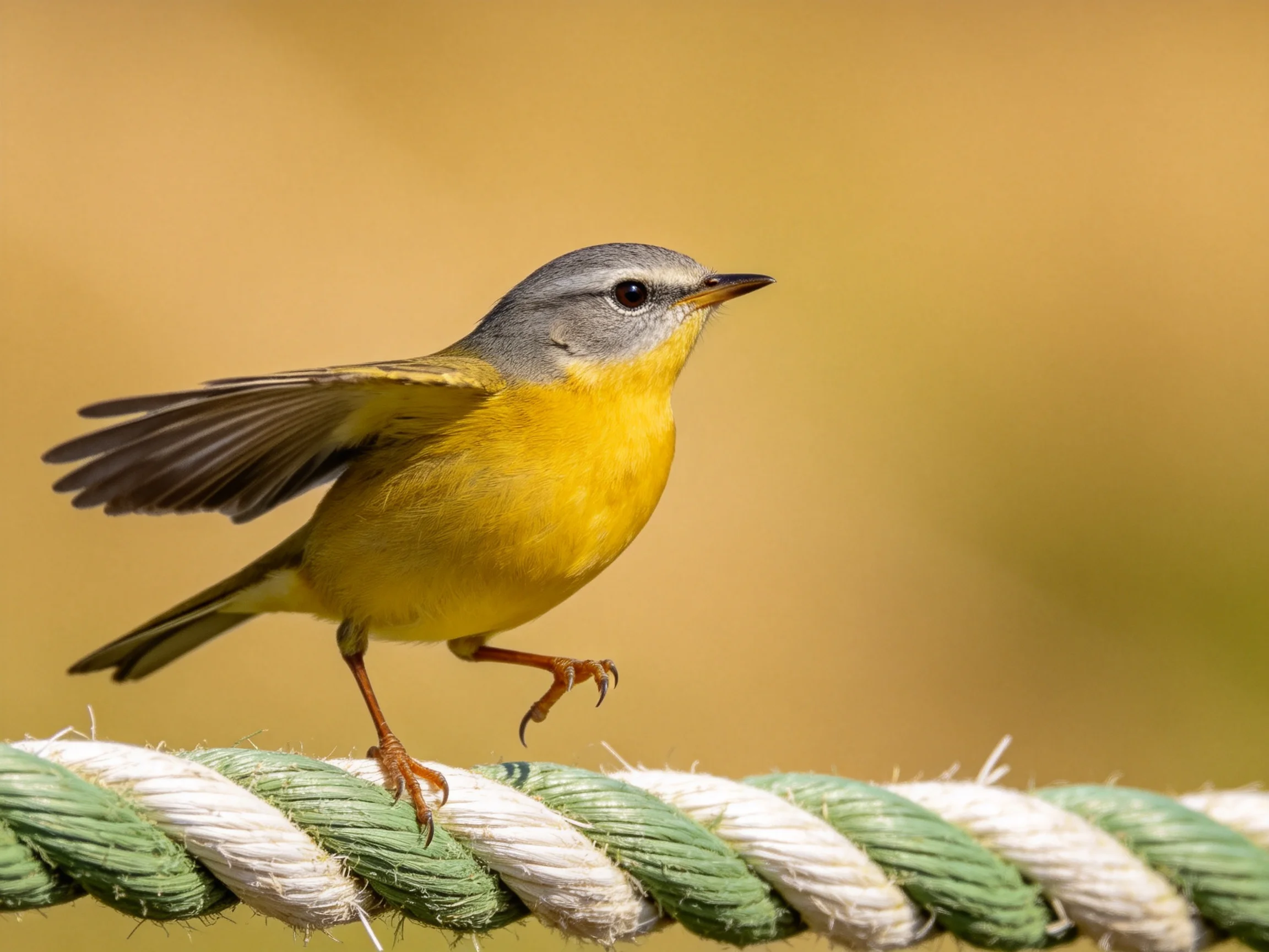 Gray-headed yellow bird landing on a braided rope