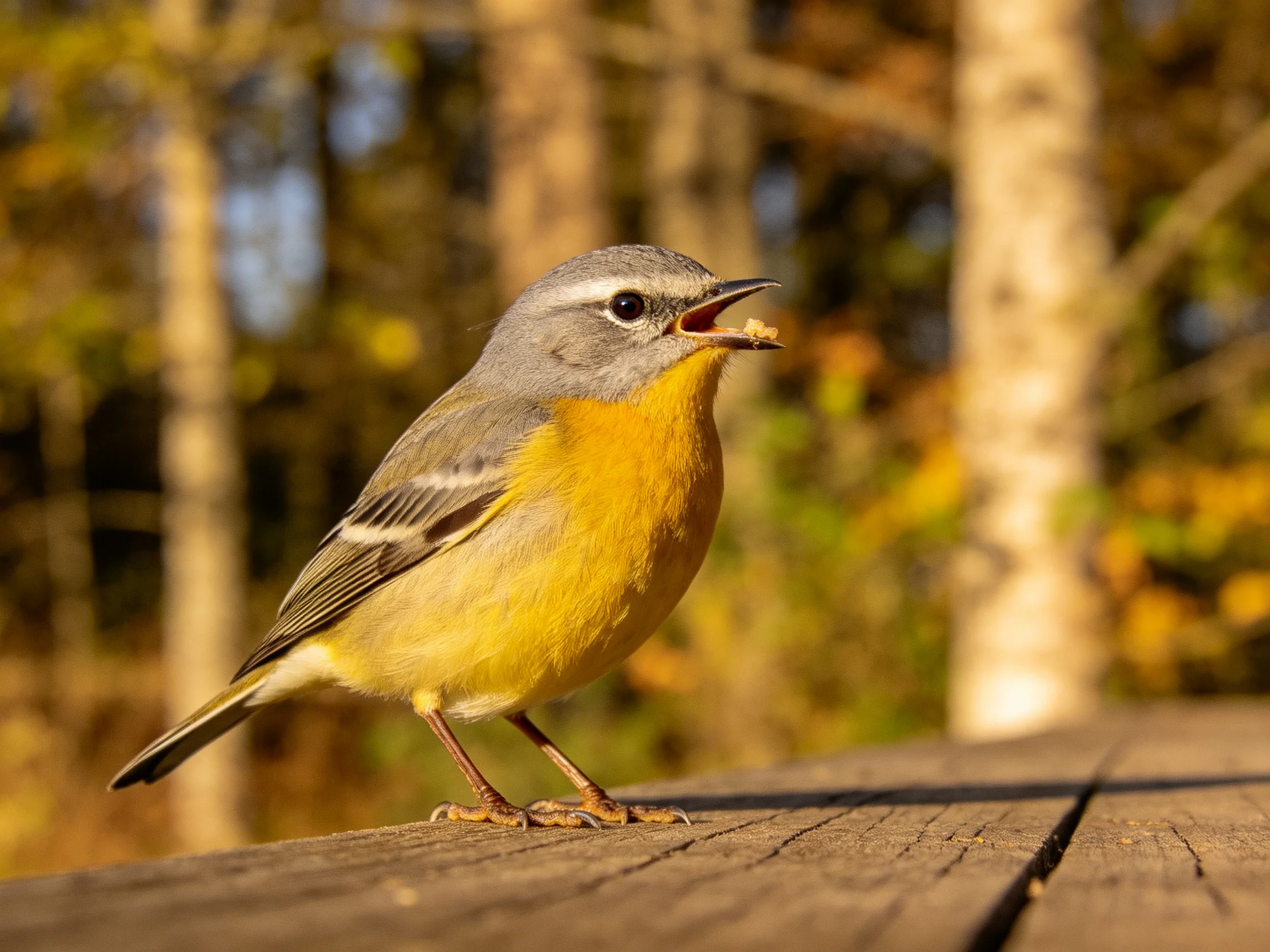 Gray-headed yellow-breasted bird feeding on wooden platform amid forest backdrop
