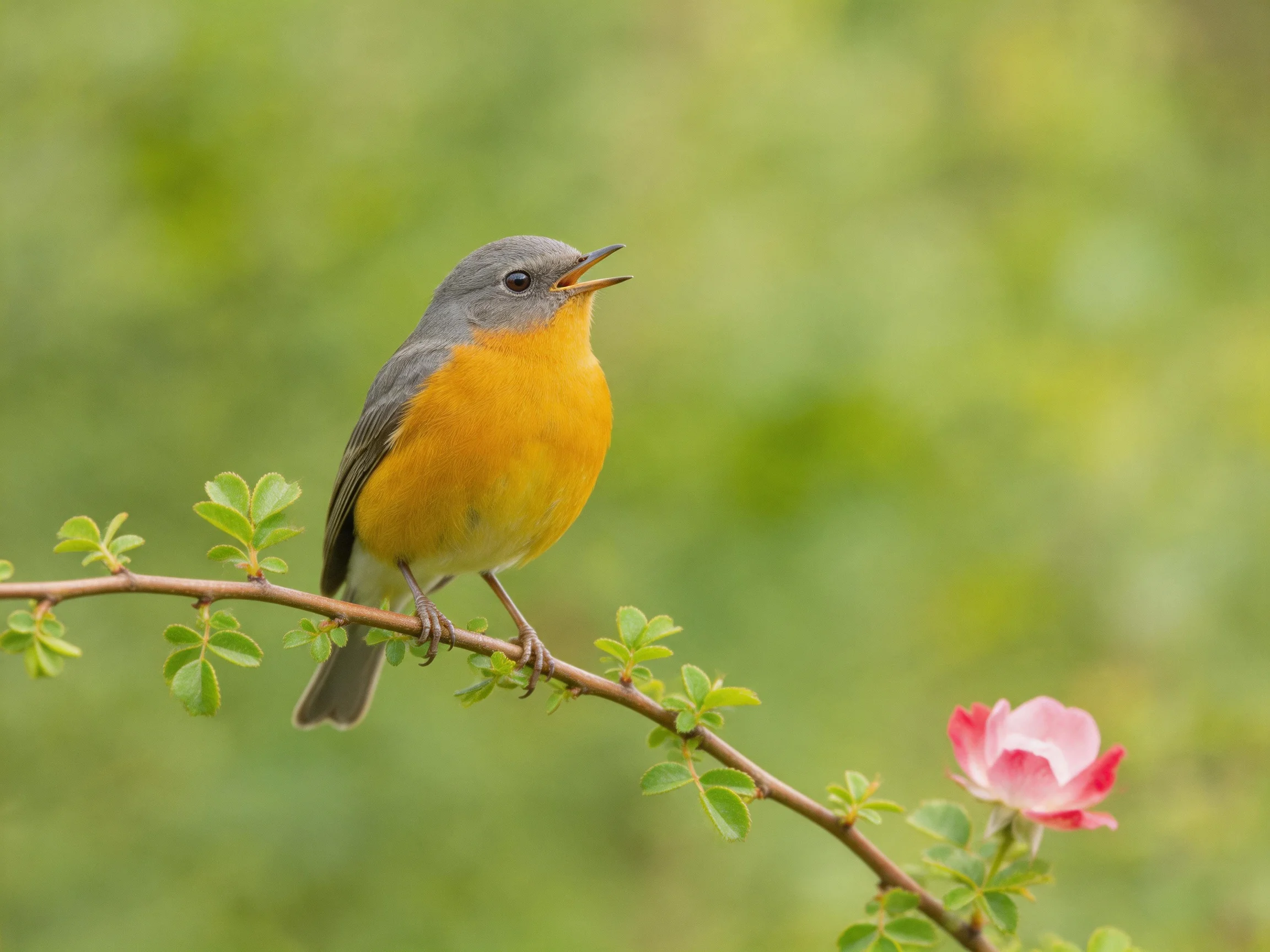 Gray-headed yellow-breasted bird perched on flowering branch