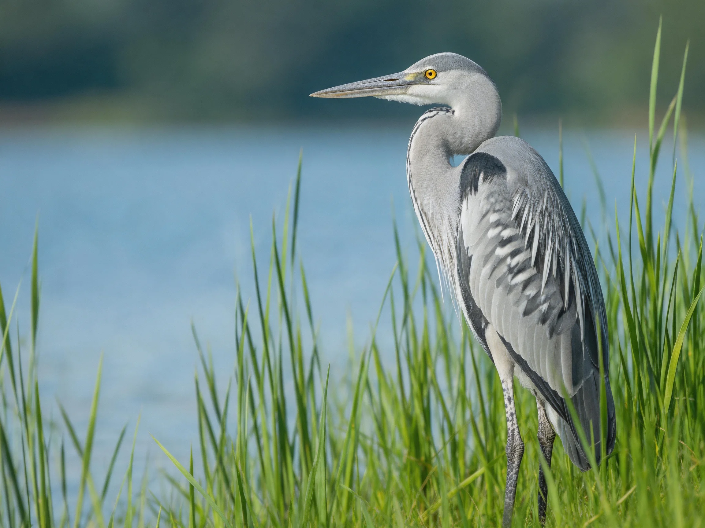 Gray heron among tall green reeds by calm blue water