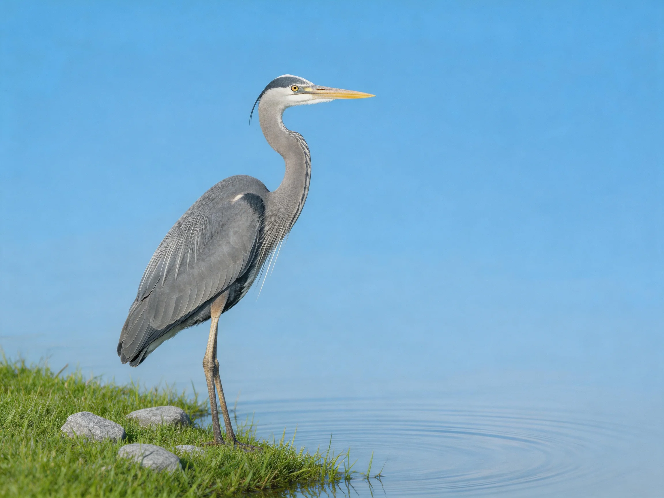 Gray heron by calm water near green grass