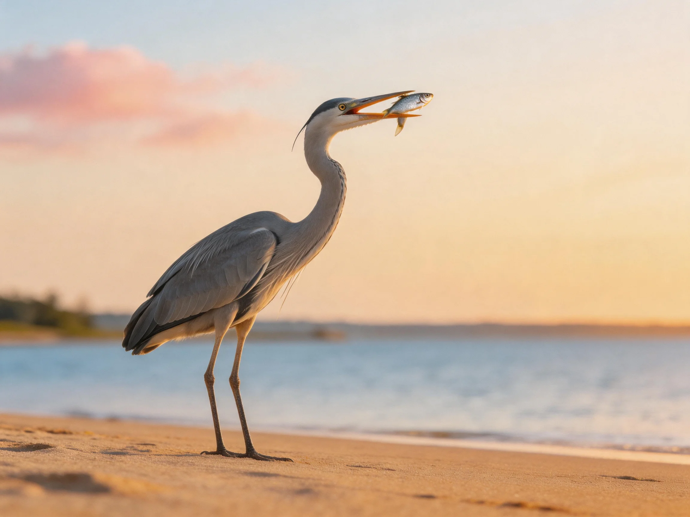 Gray heron catches silver fish on sandy beach at sunset