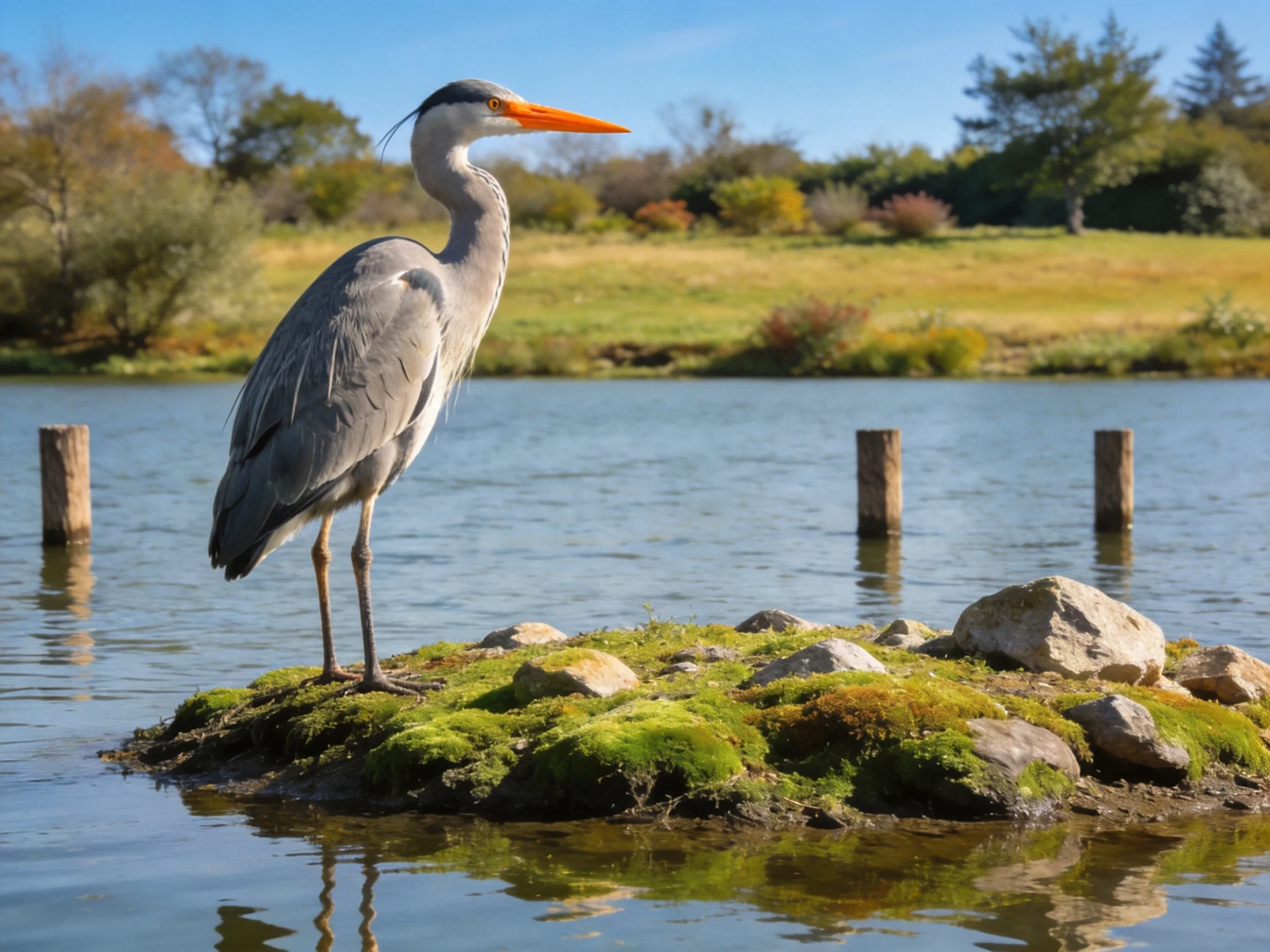 Gray heron on moss-covered rocky island by calm water