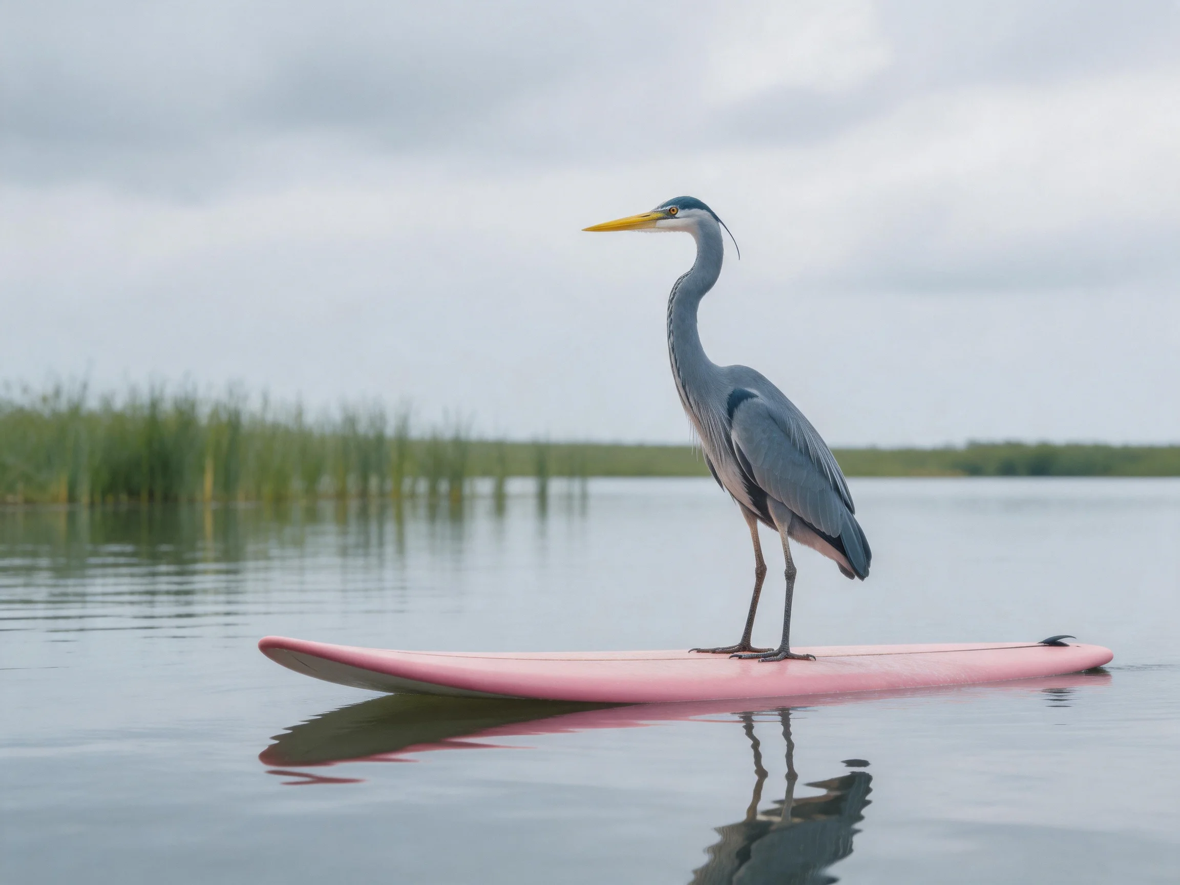 Gray heron on pink paddleboard in calm waters