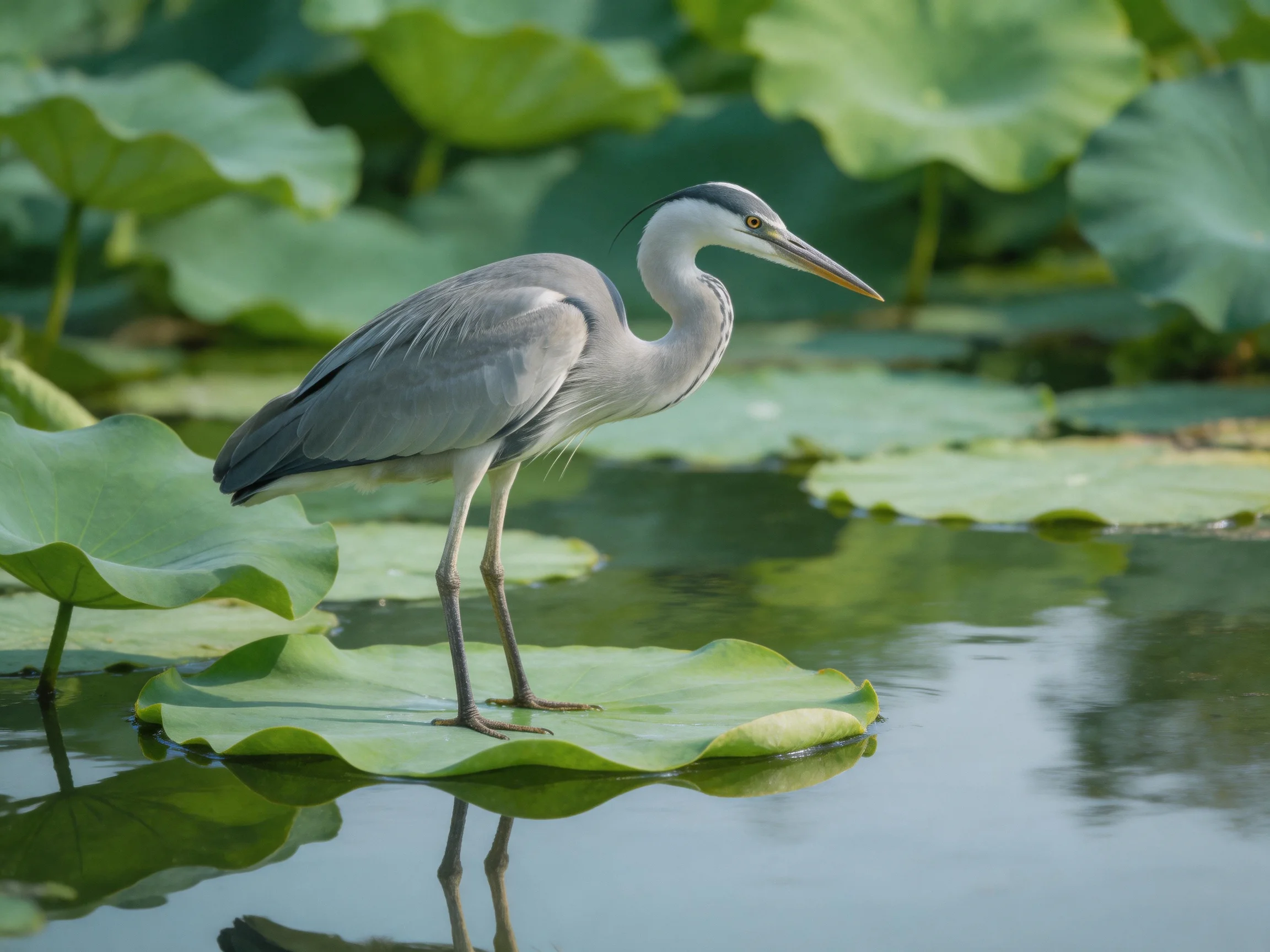 Gray heron perched on a large green lily pad amid water plants