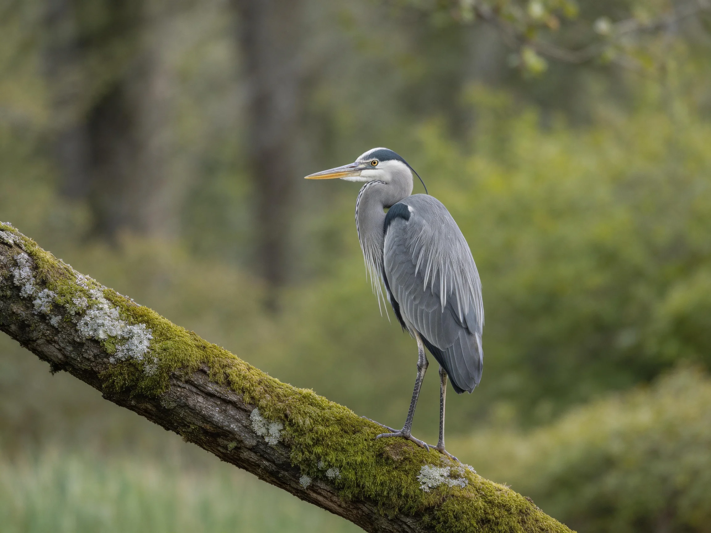 Gray heron perched on a moss-covered wooden branch