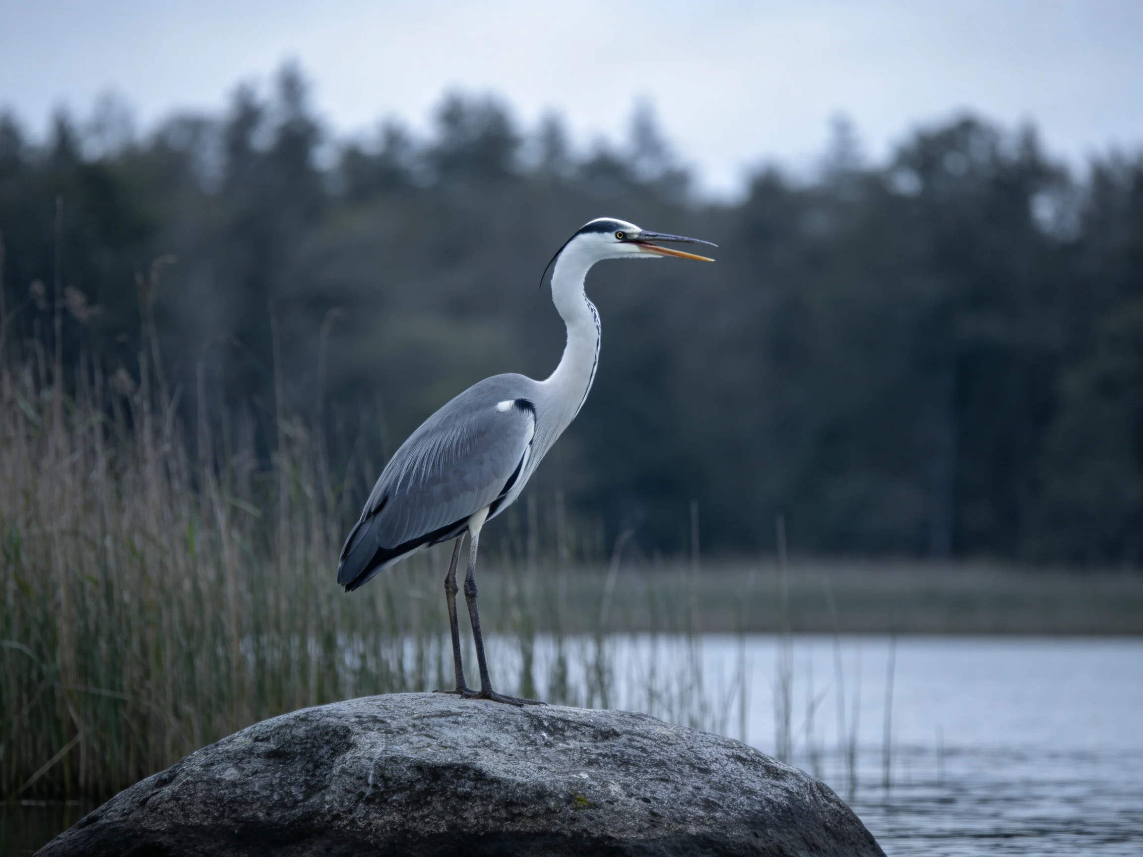 Gray heron perched on rock by calm waters with reeds