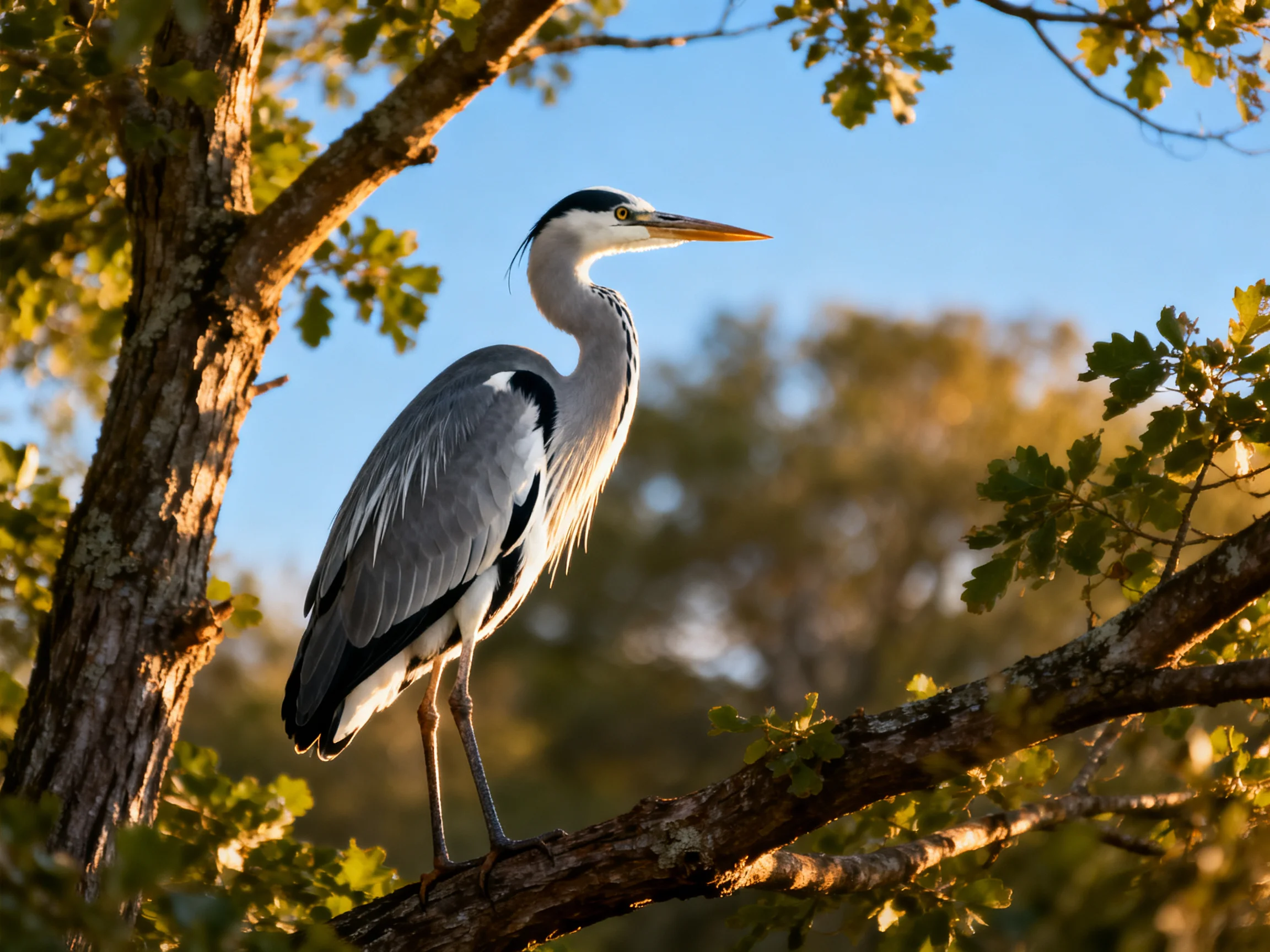 Gray heron perched on sunlit tree branch with green foliage