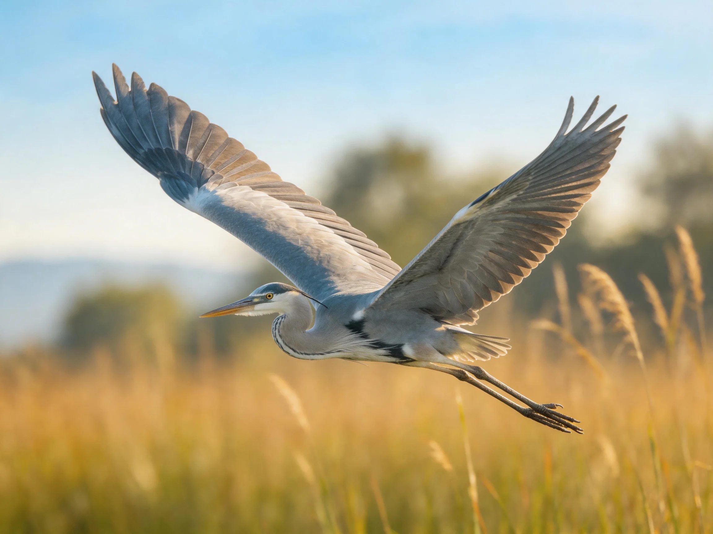 Gray heron soaring over golden marsh vegetation