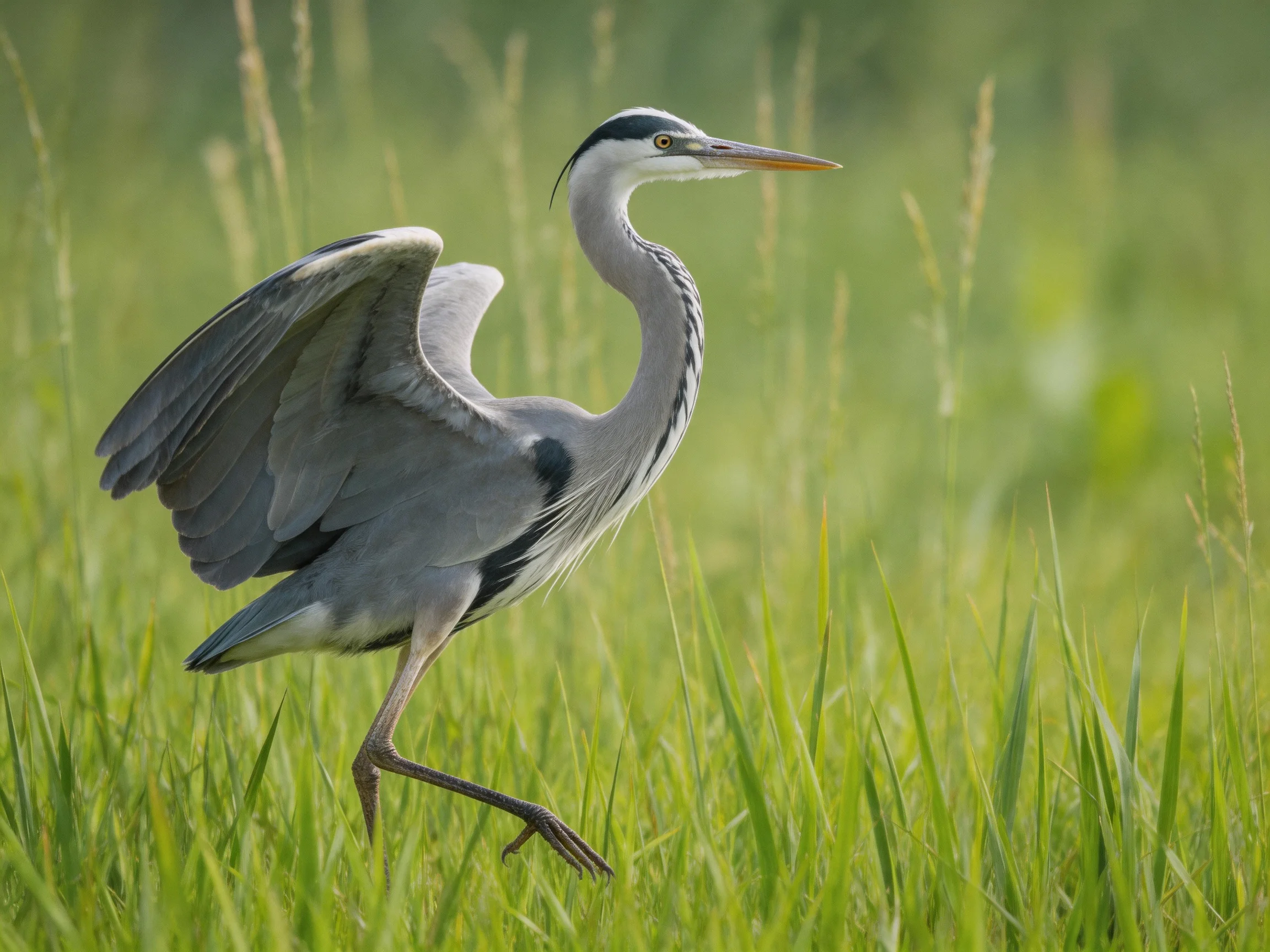 Gray heron spreading wings in lush green marshland