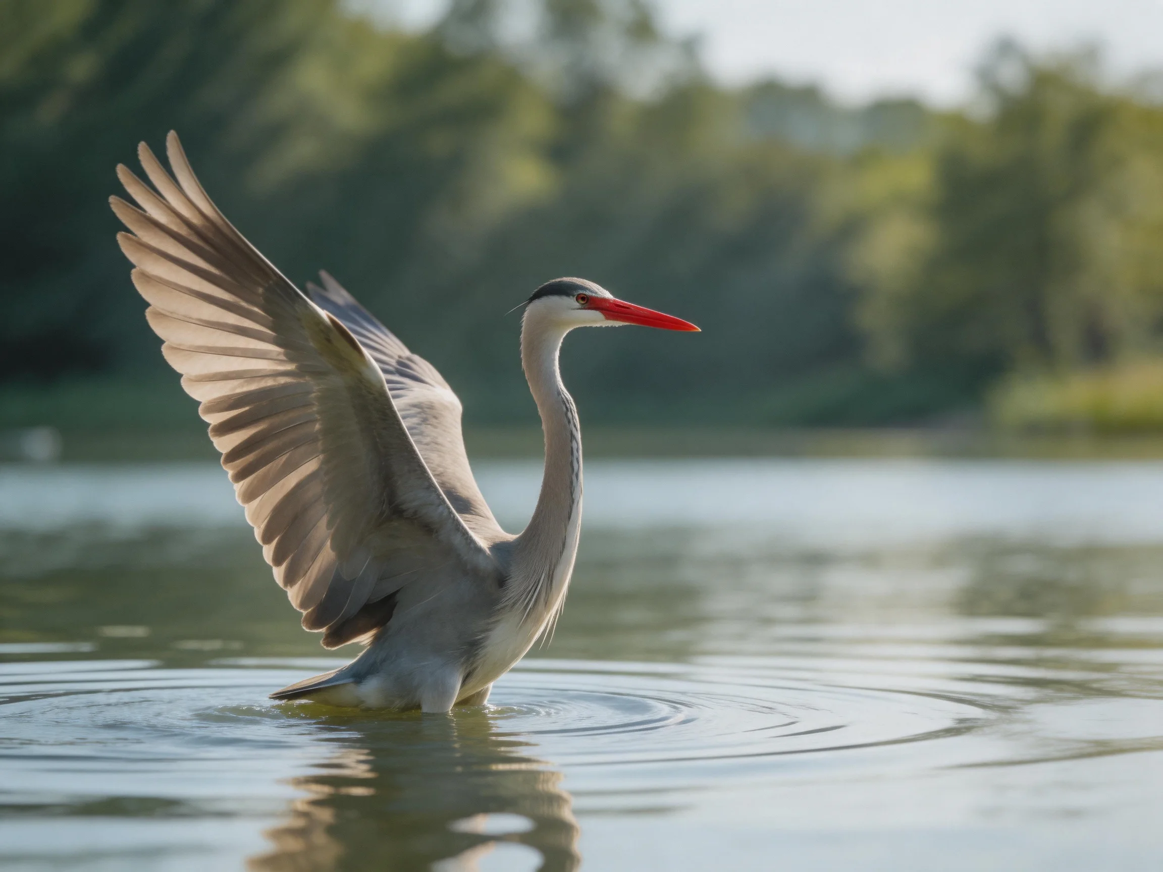 Gray heron spreads wings in calm water near green trees