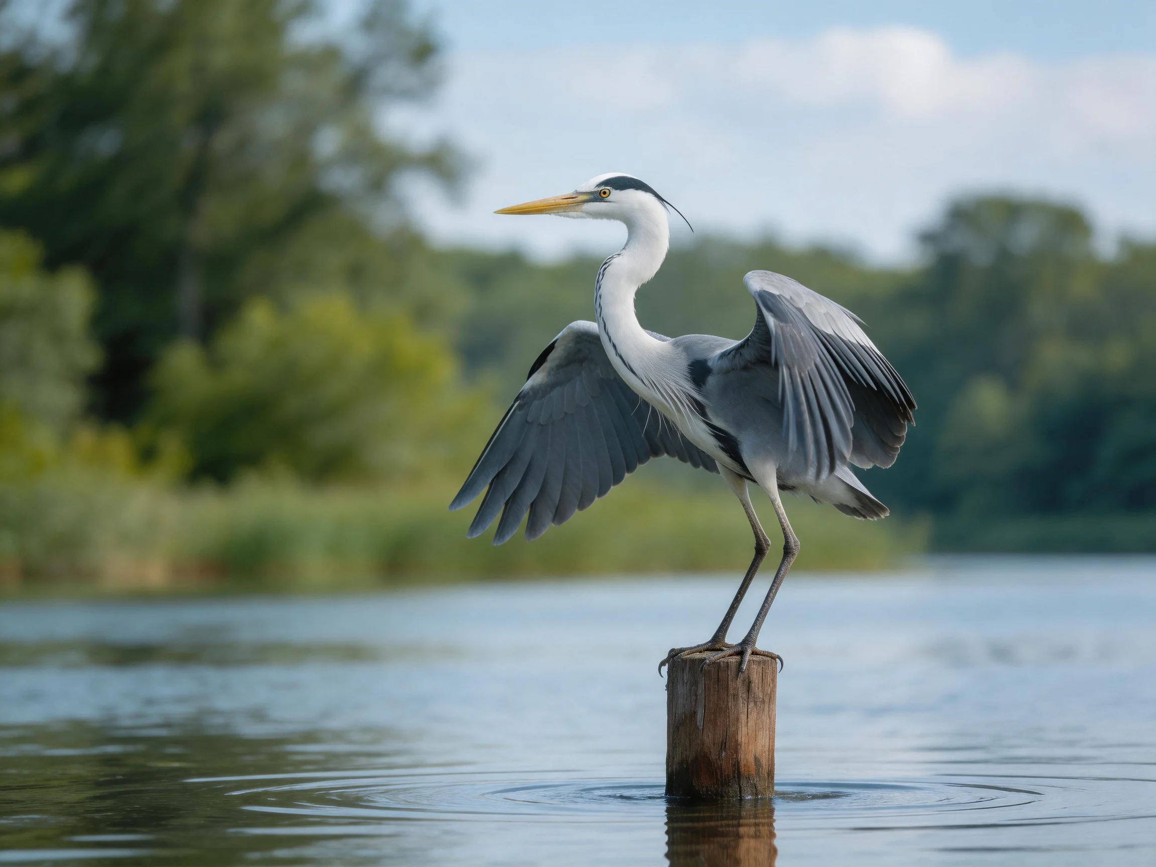 Gray heron spreads wings on wooden post over calm water