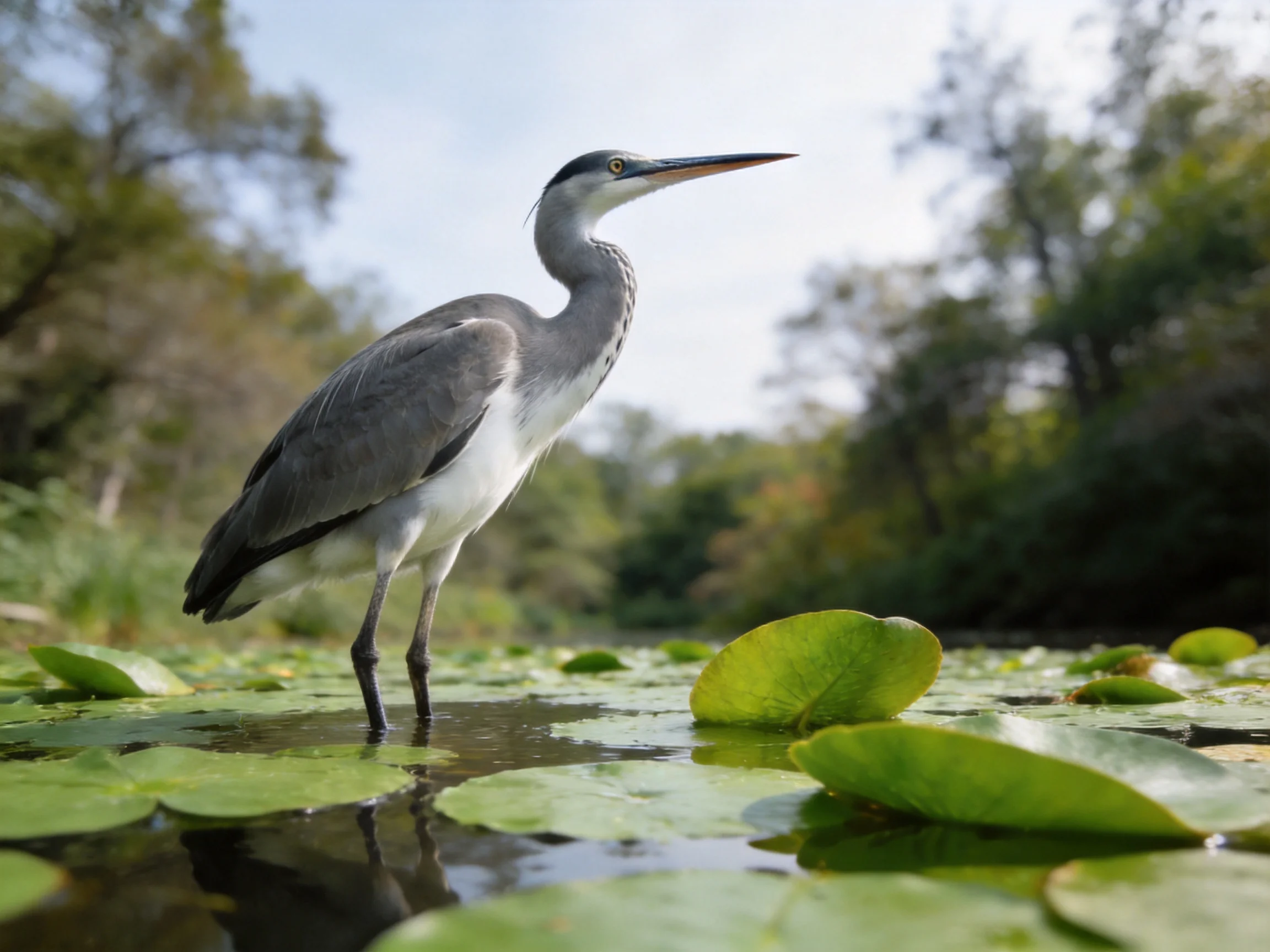 Gray heron standing among green water lily pads in a serene wetland