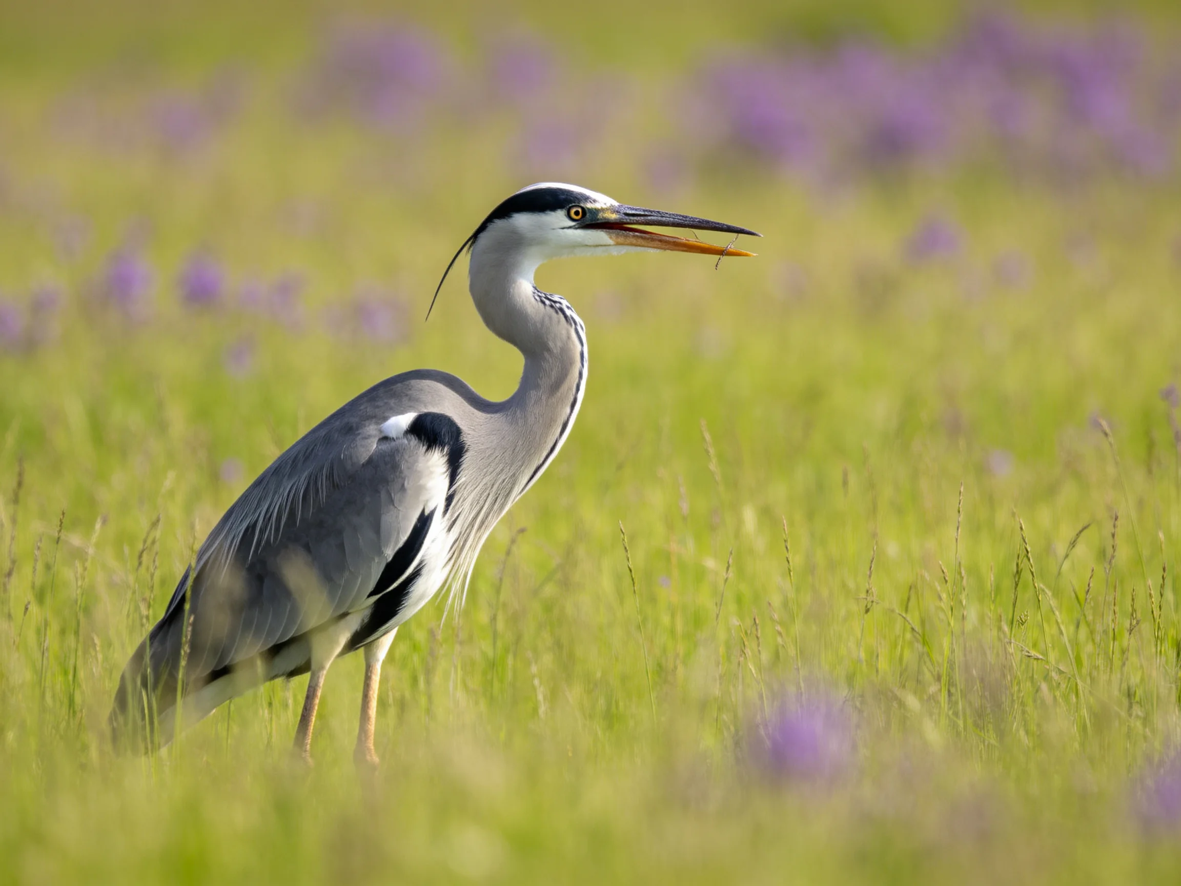 Gray heron standing in purple-flowered green meadow