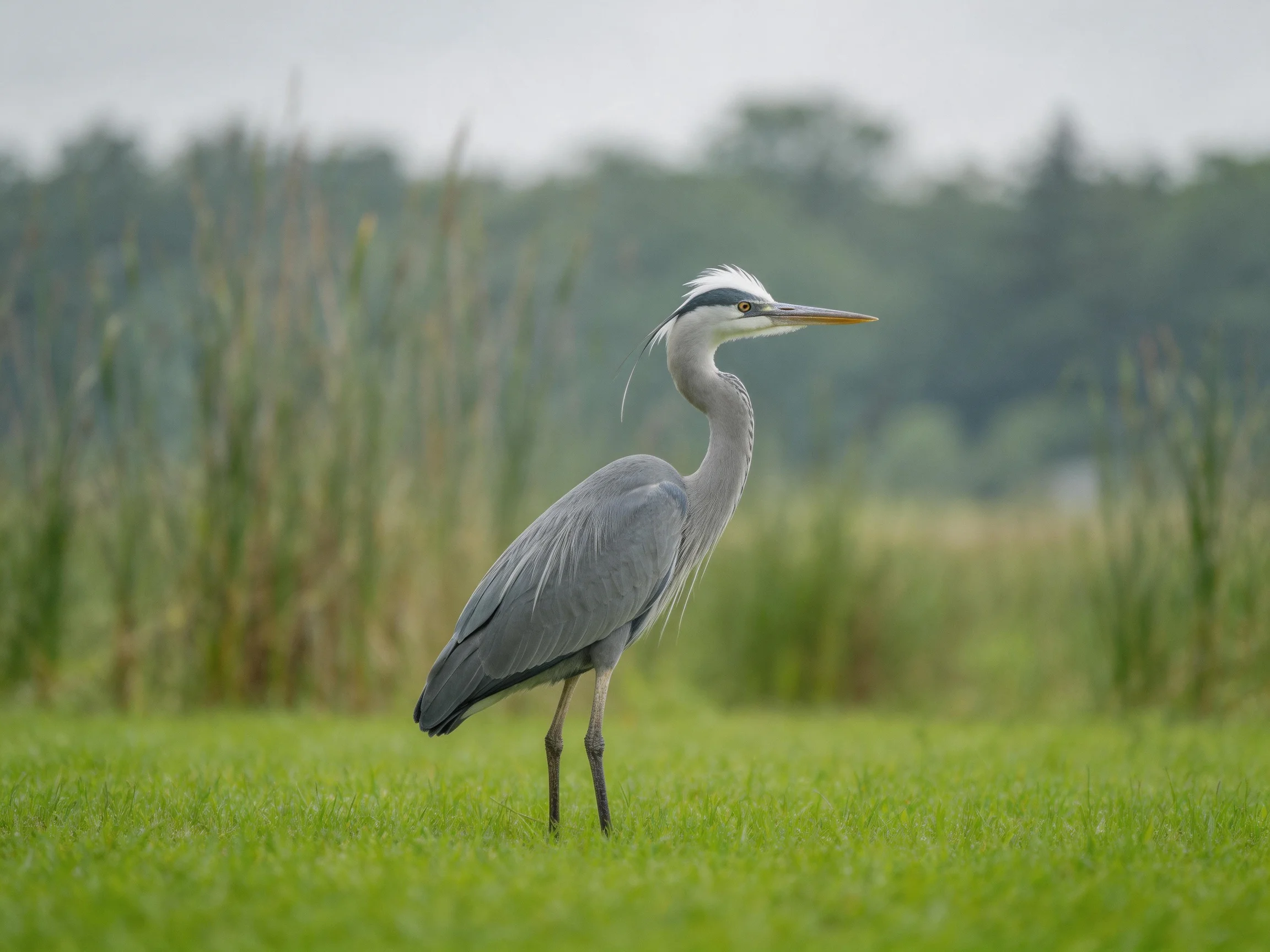 Gray heron stands on lush green grass amid tall vegetation