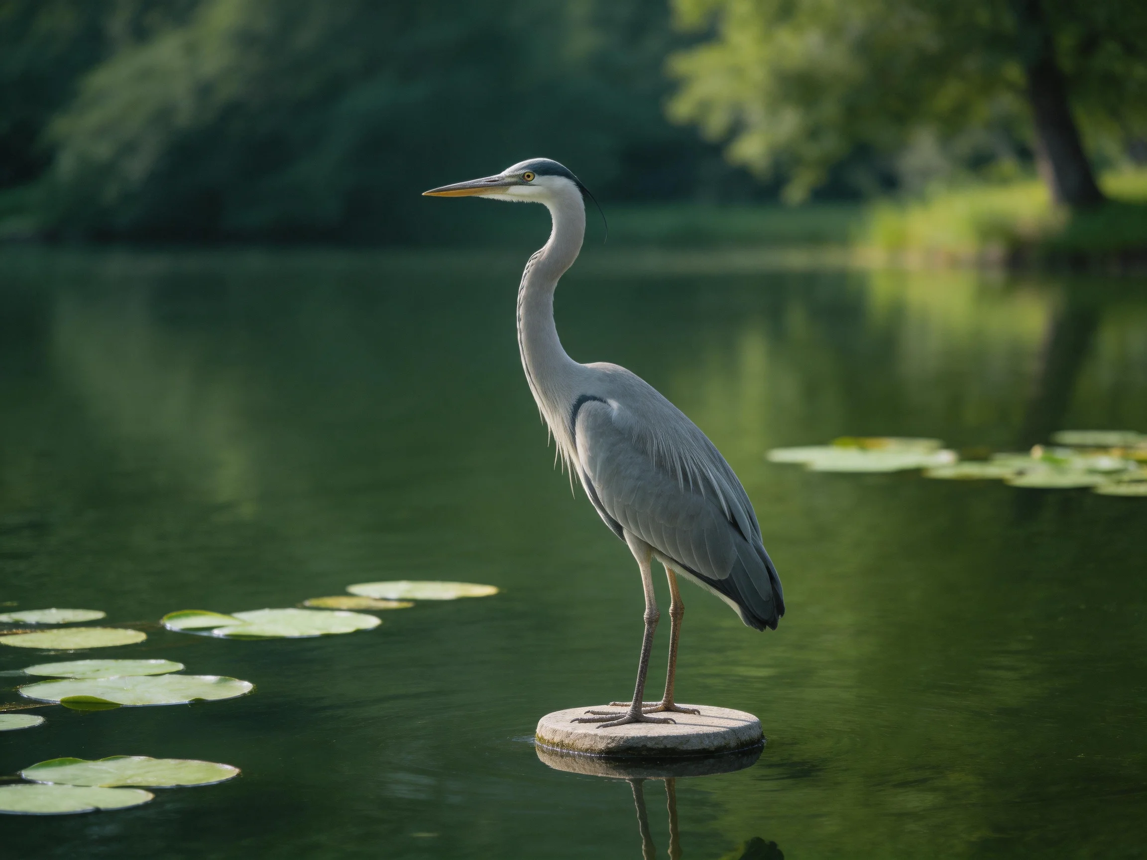 Gray heron stands on stone platform in calm pond with lily pads