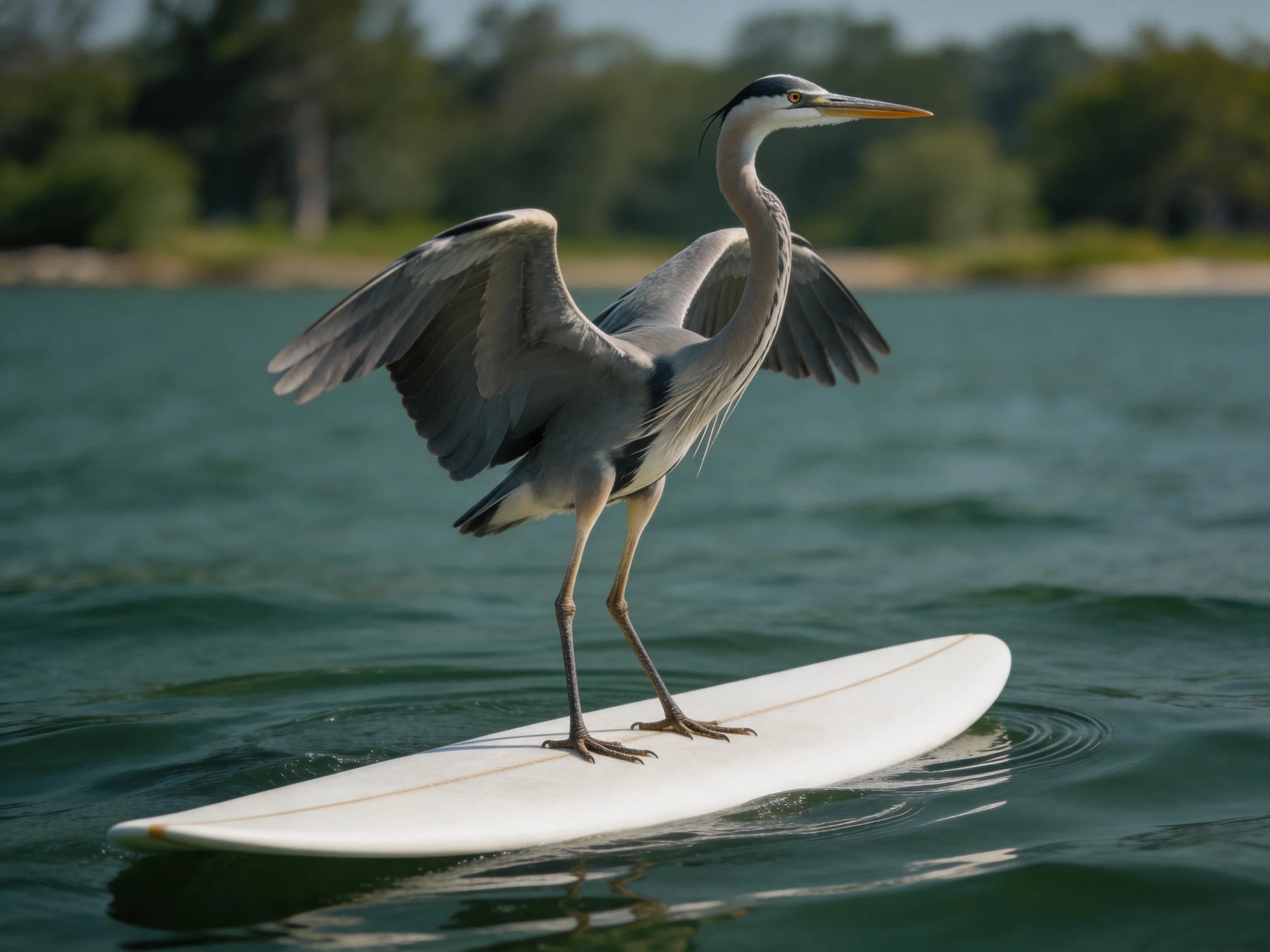 Gray heron stands on white surfboard over calm water