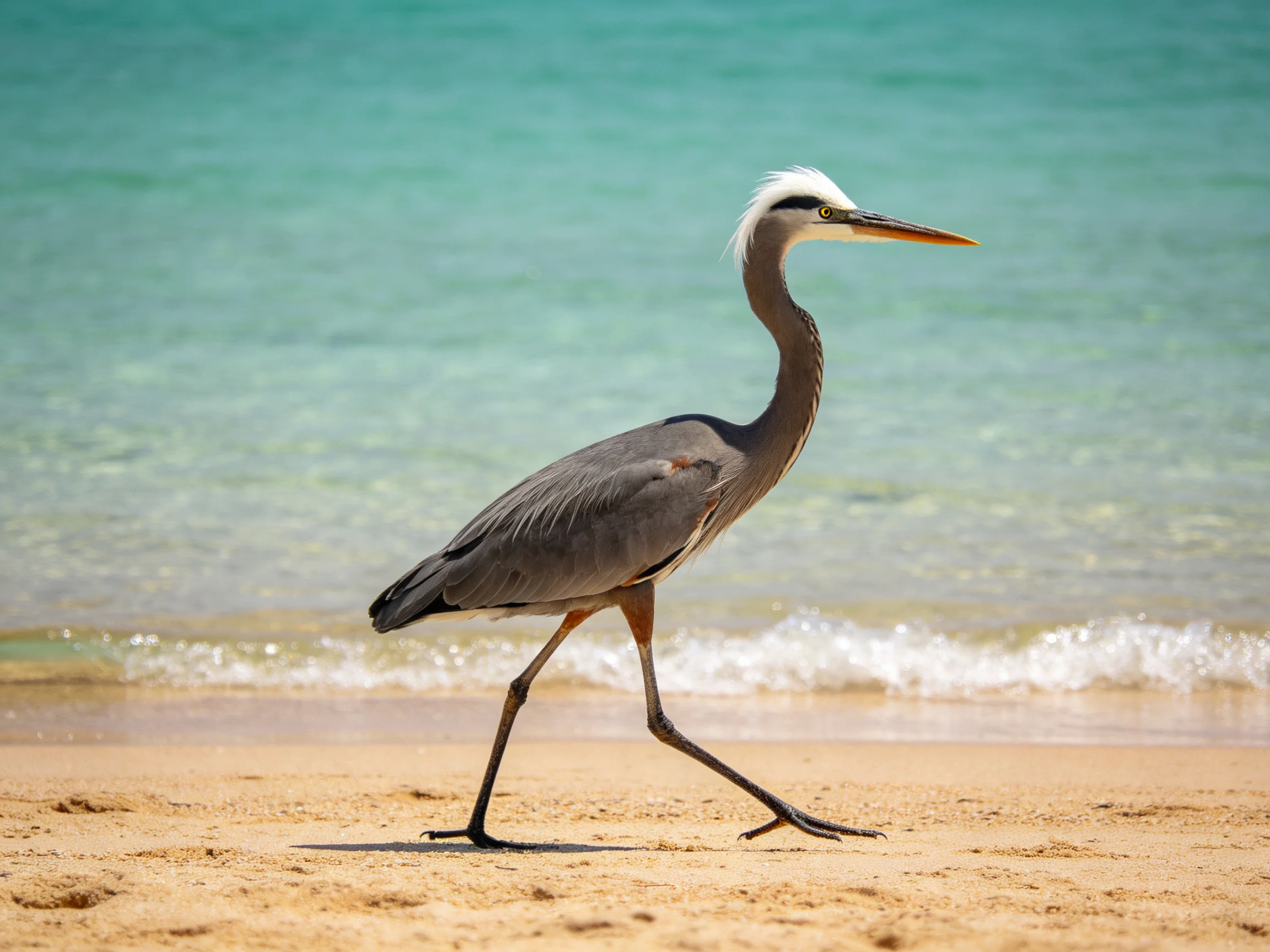 Gray heron strolling on golden sandy beach with turquoise ocean backdrop