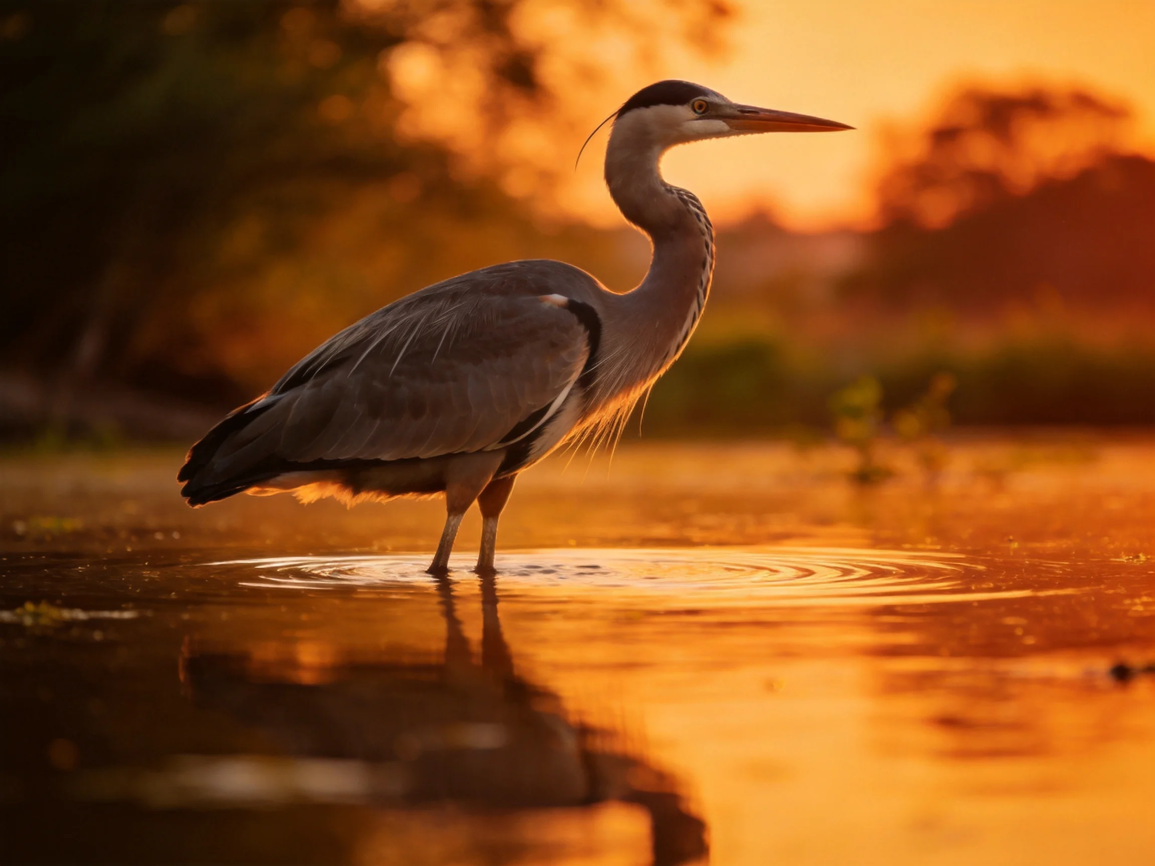 Gray heron wades in golden water at sunset