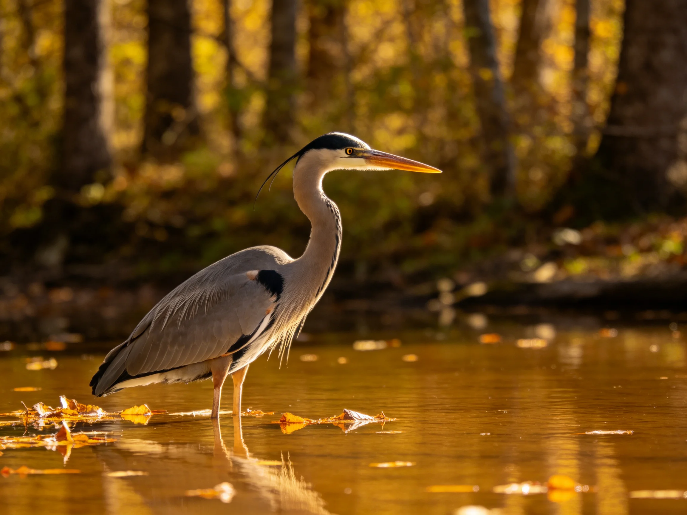 Gray heron wades in golden water near autumn trees
