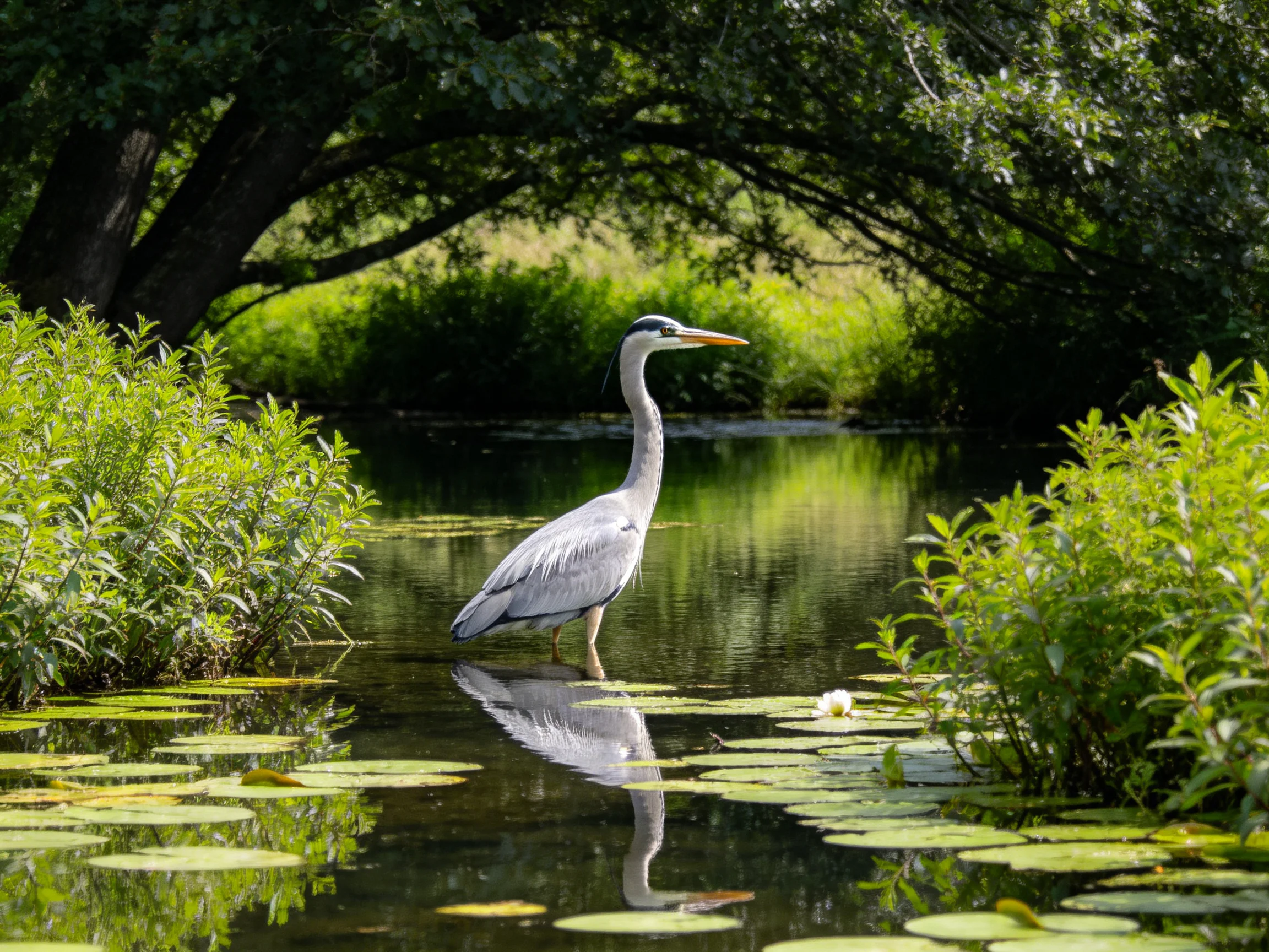 Gray heron wades in pond with lily pads and dense greenery