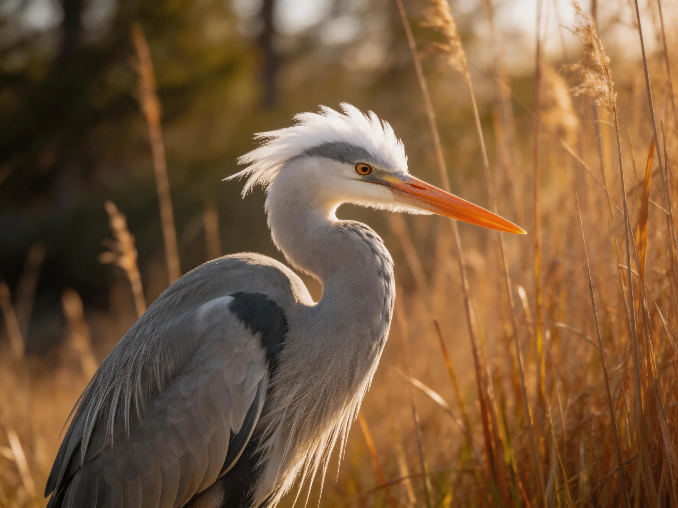 Gray heron with orange beak near golden reeds