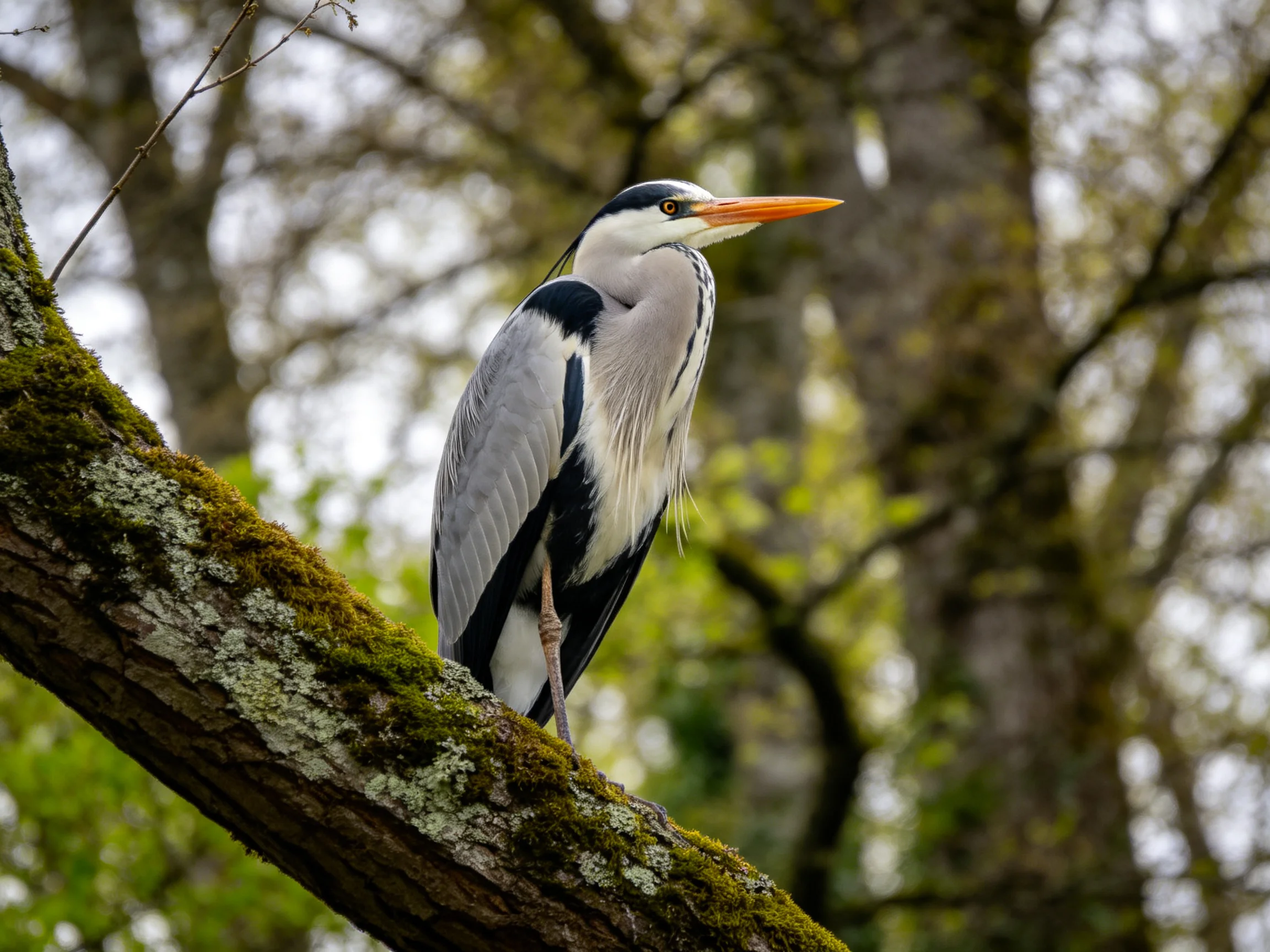 Gray heron with orange beak on mossy tree branch in wooded area