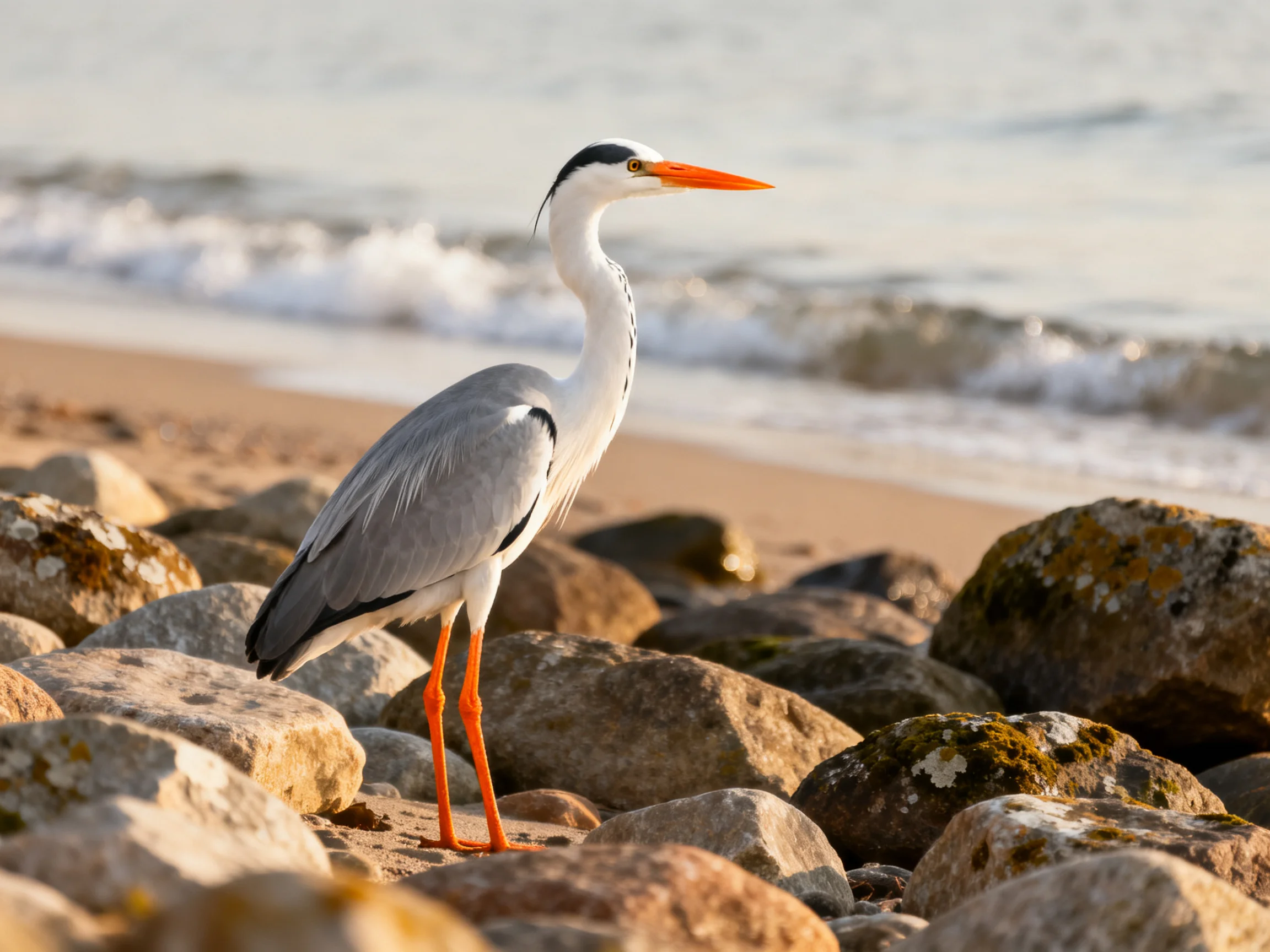 Gray heron with orange beak on rocky shore by the sea
