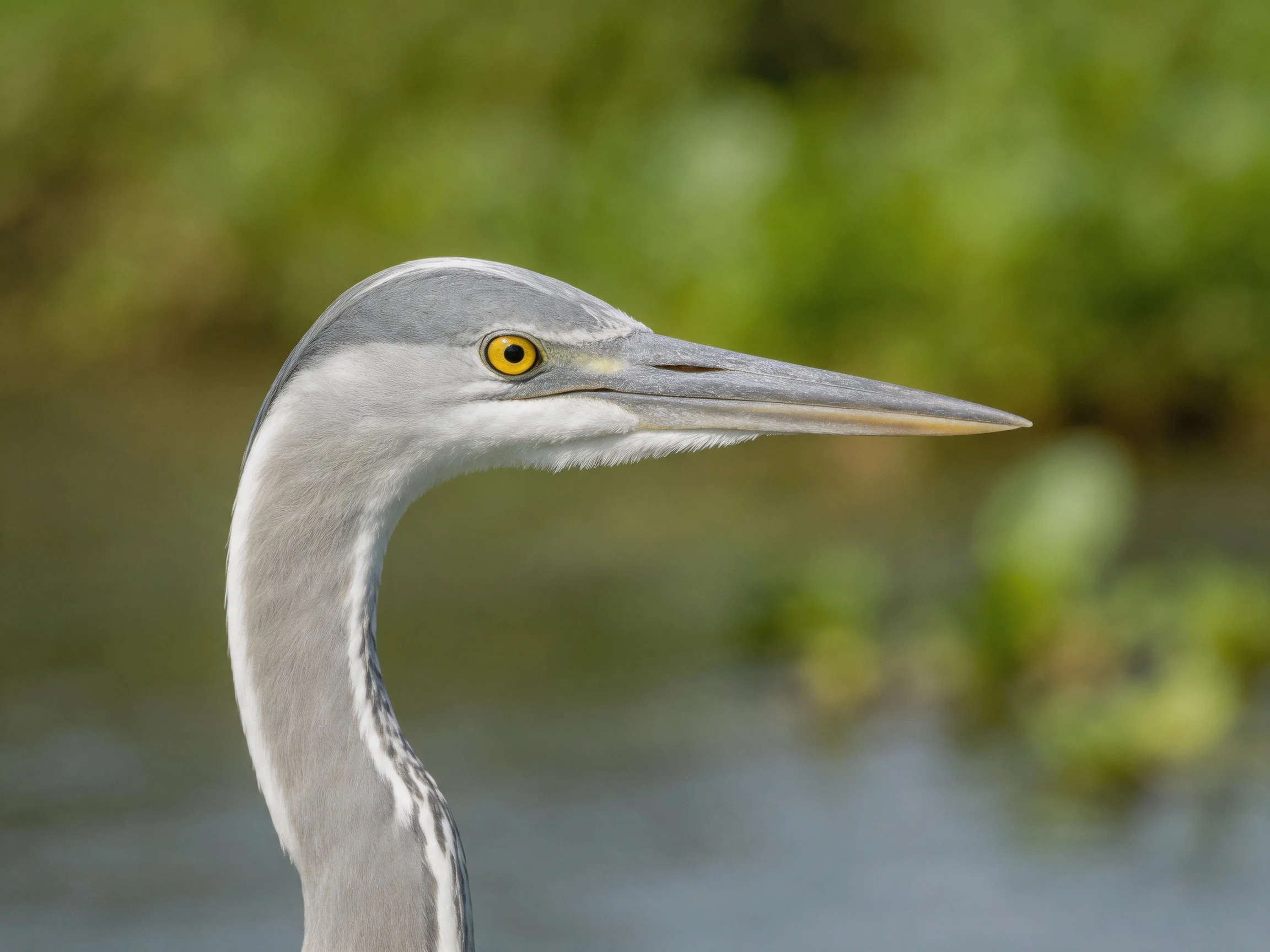 Gray heron with yellow eyes near calm water and green foliage