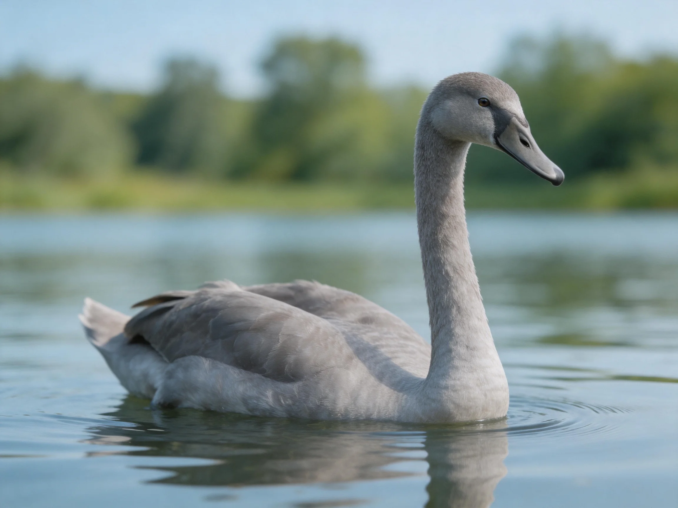 Gray juvenile swan gliding on calm blue water