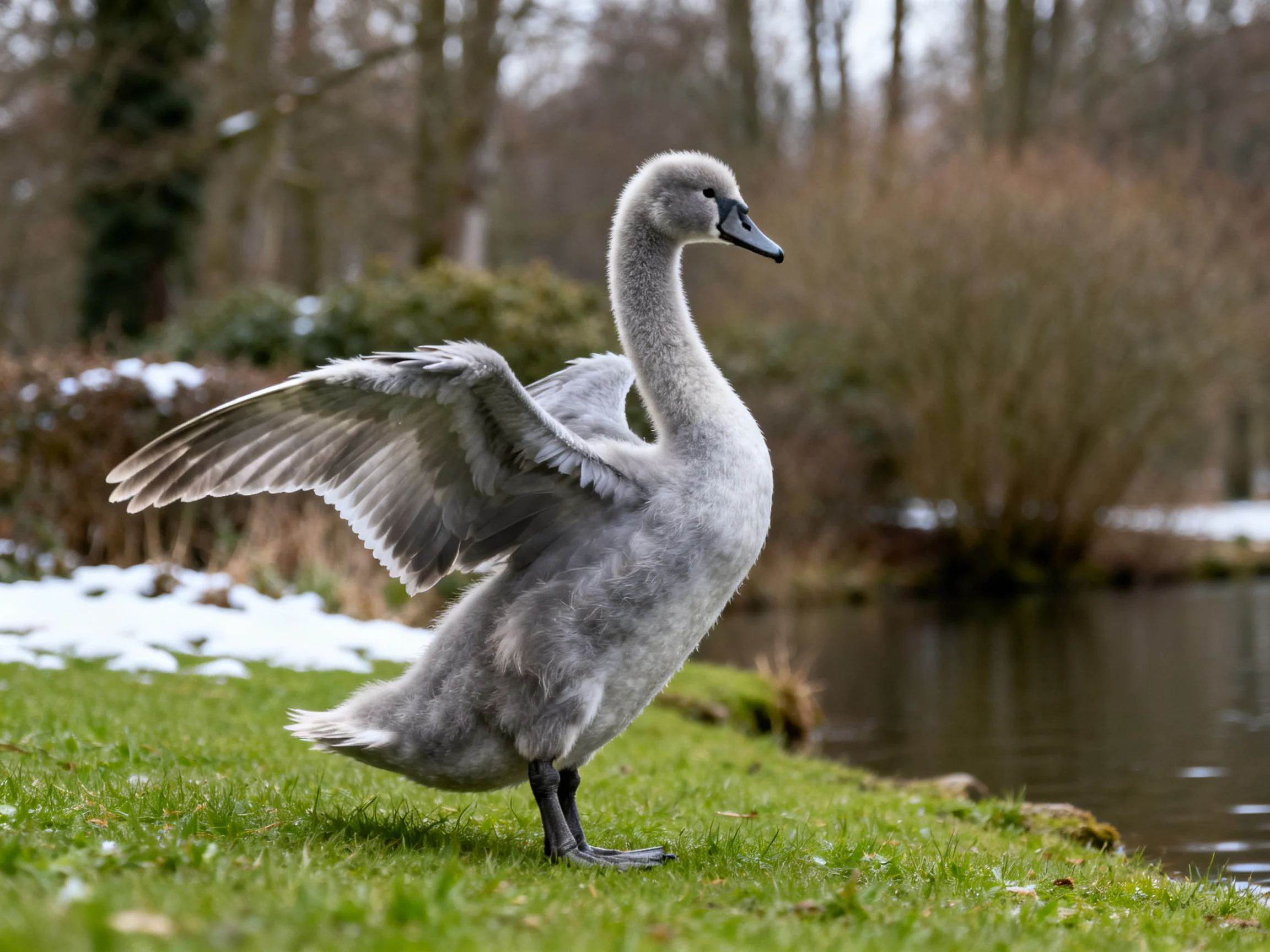 Gray juvenile swan spreading wings by a snowy pond edge