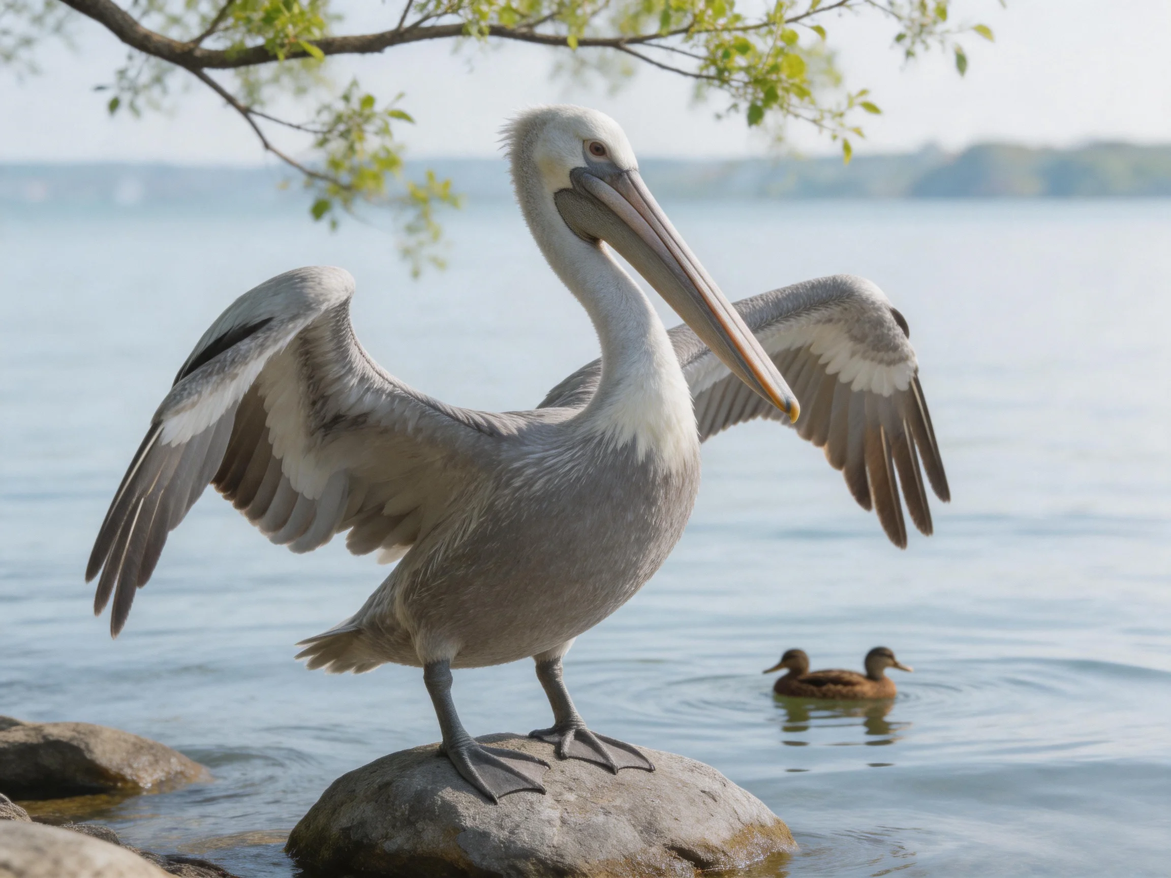 Gray pelican spreading wings on rocky shore