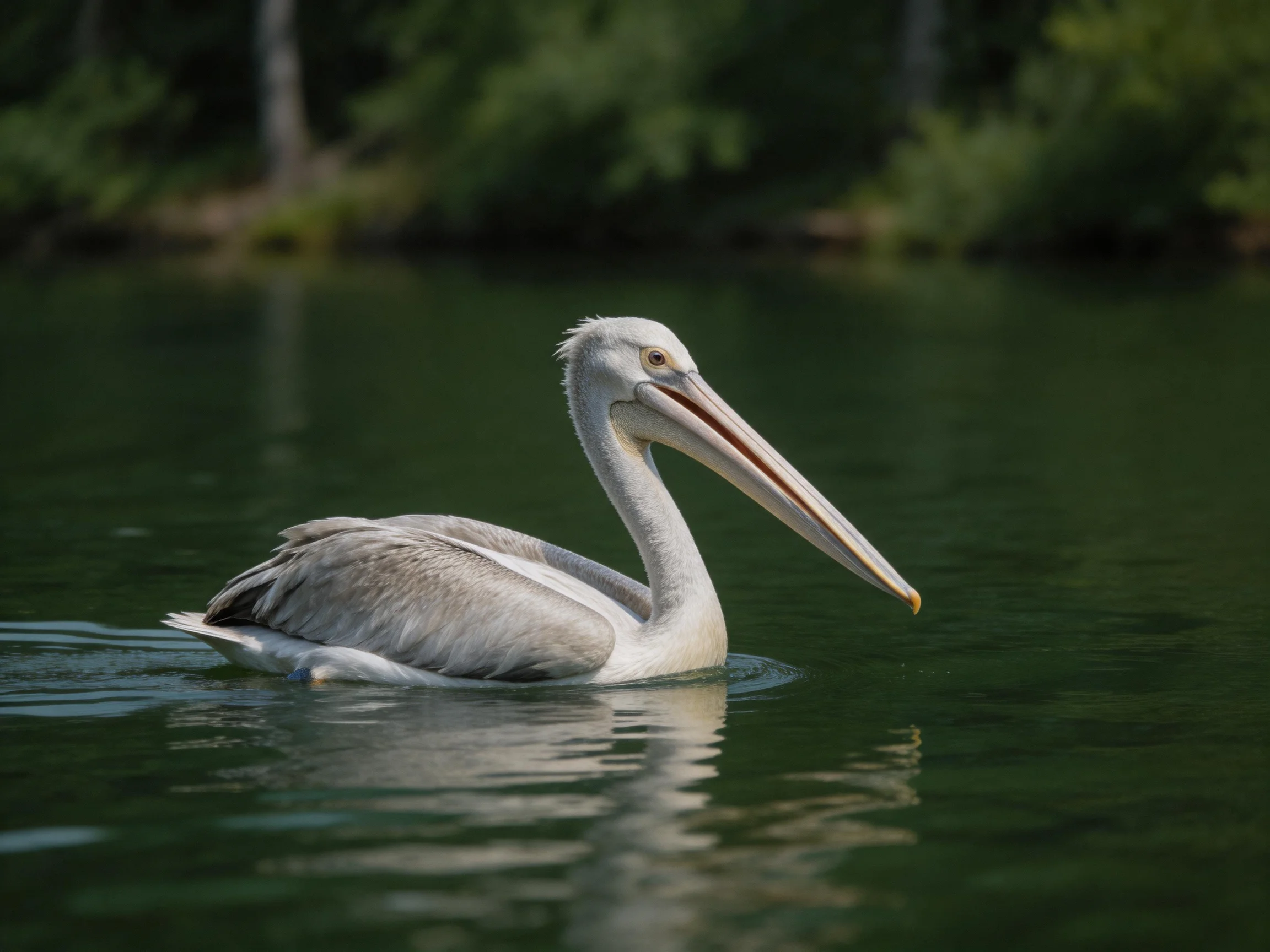 Gray pelican swimming in calm green water near foliage