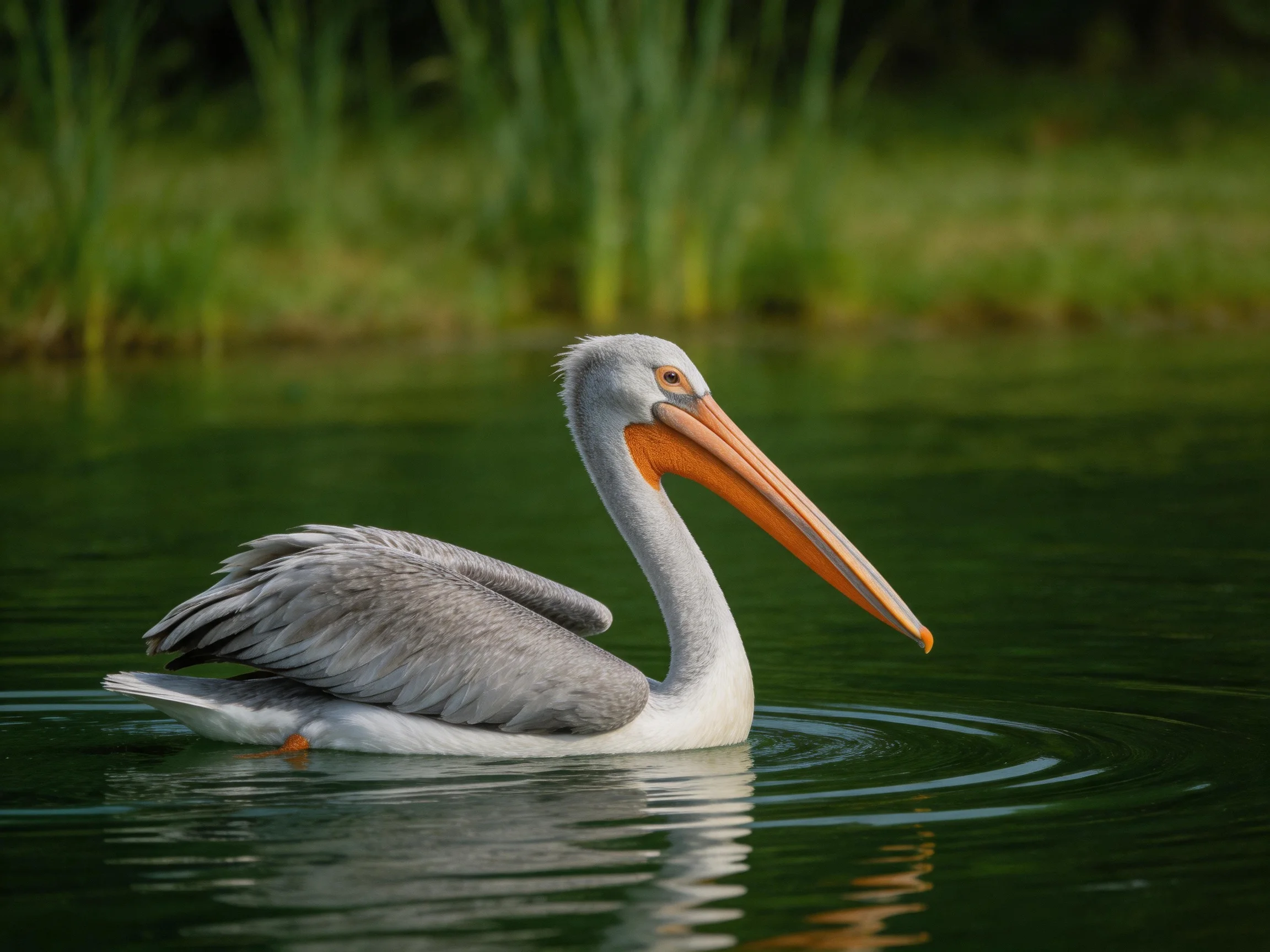 A gray pelican with an orange beak swims peacefully in calm water near greenery.