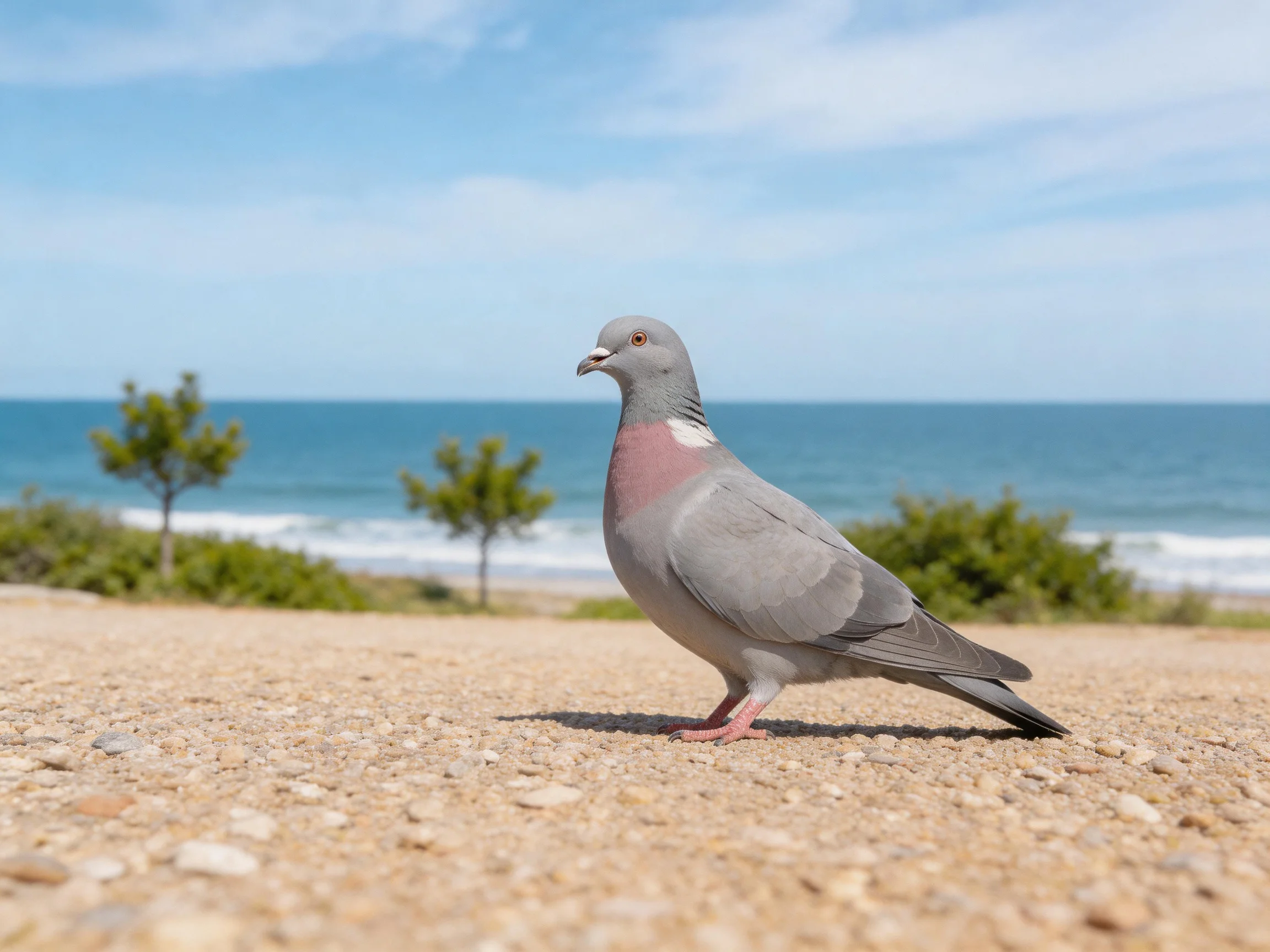 Gray pigeon on gravel path by coastal shore