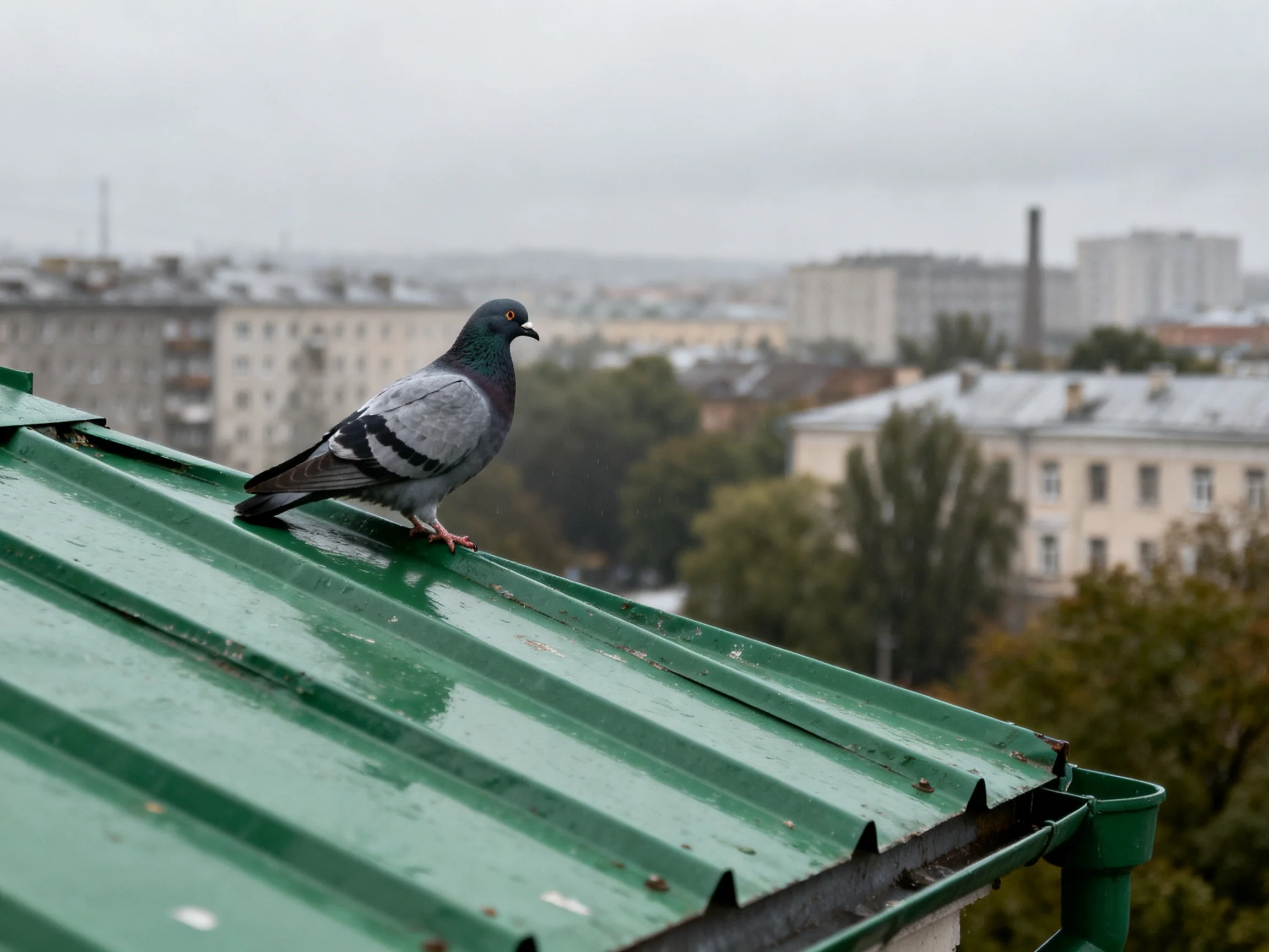 Gray pigeon on wet green metal roof with city view