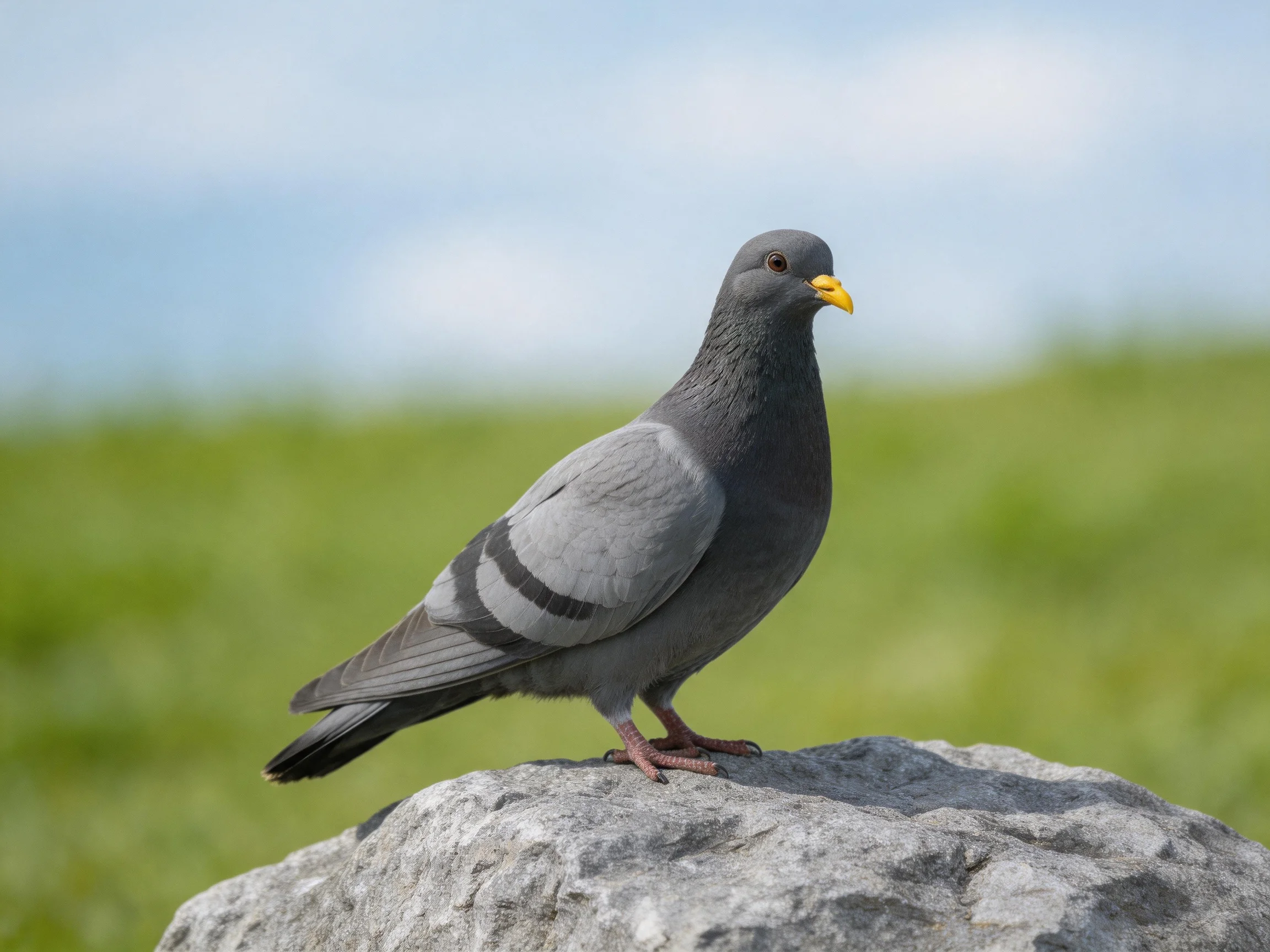 Gray pigeon with black wing stripes perched on a stone near green landscape