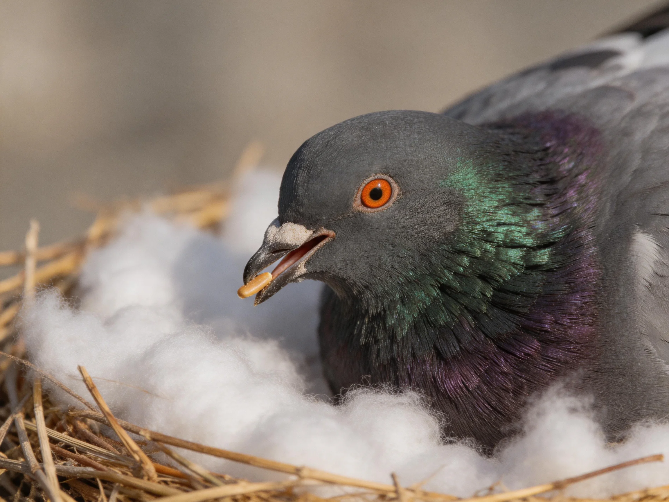 Gray pigeon with iridescent feathers in straw and cotton nest