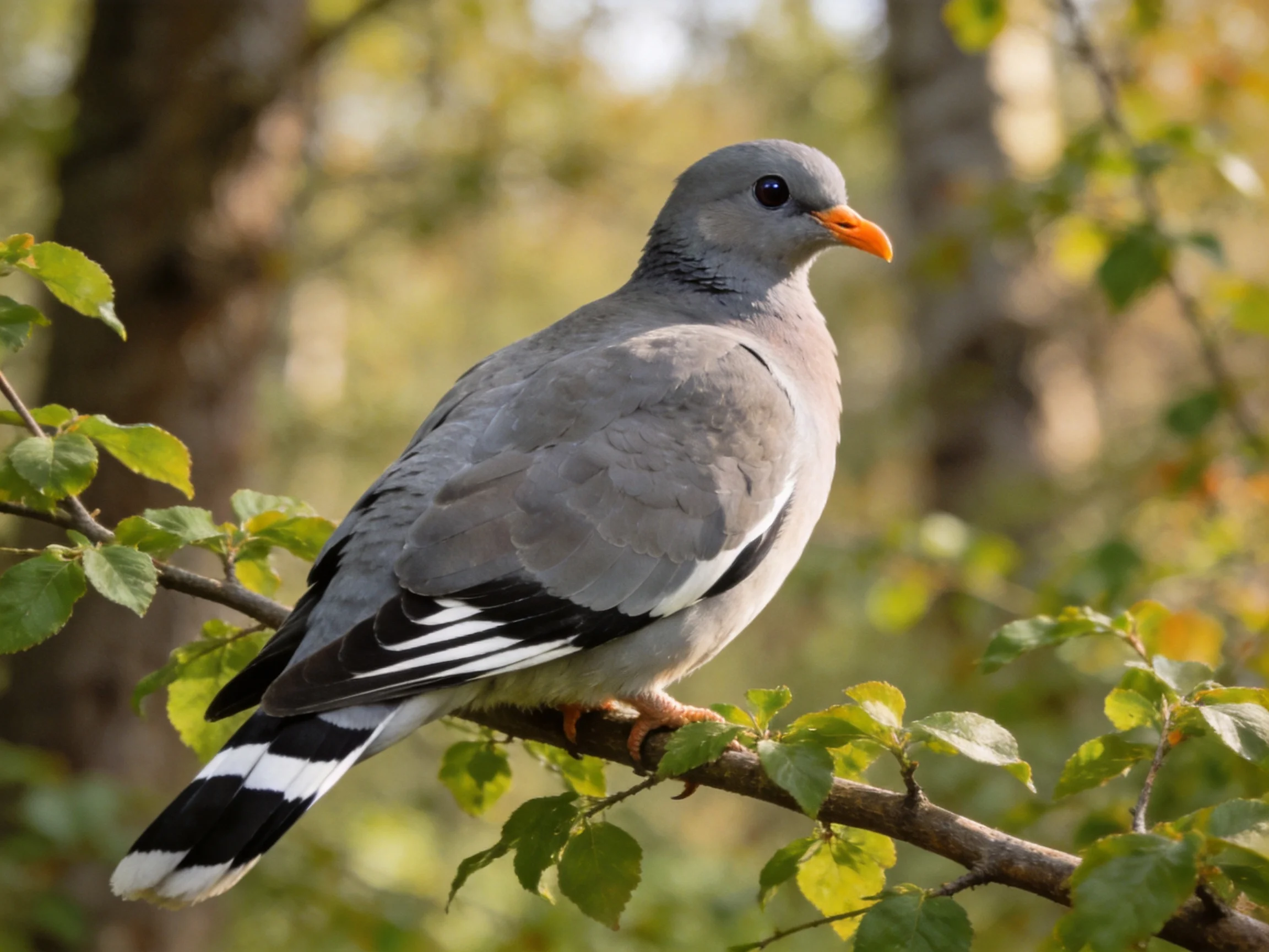 Gray pigeon with orange beak perched on leafy branch