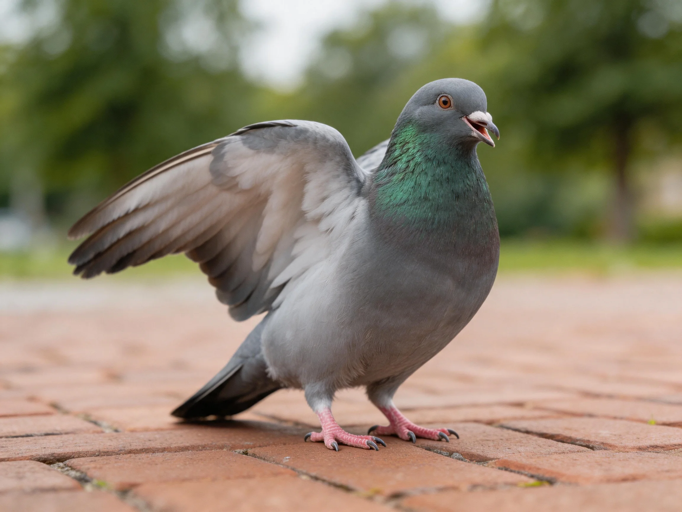 Gray pigeon with outstretched wings on brick pavement