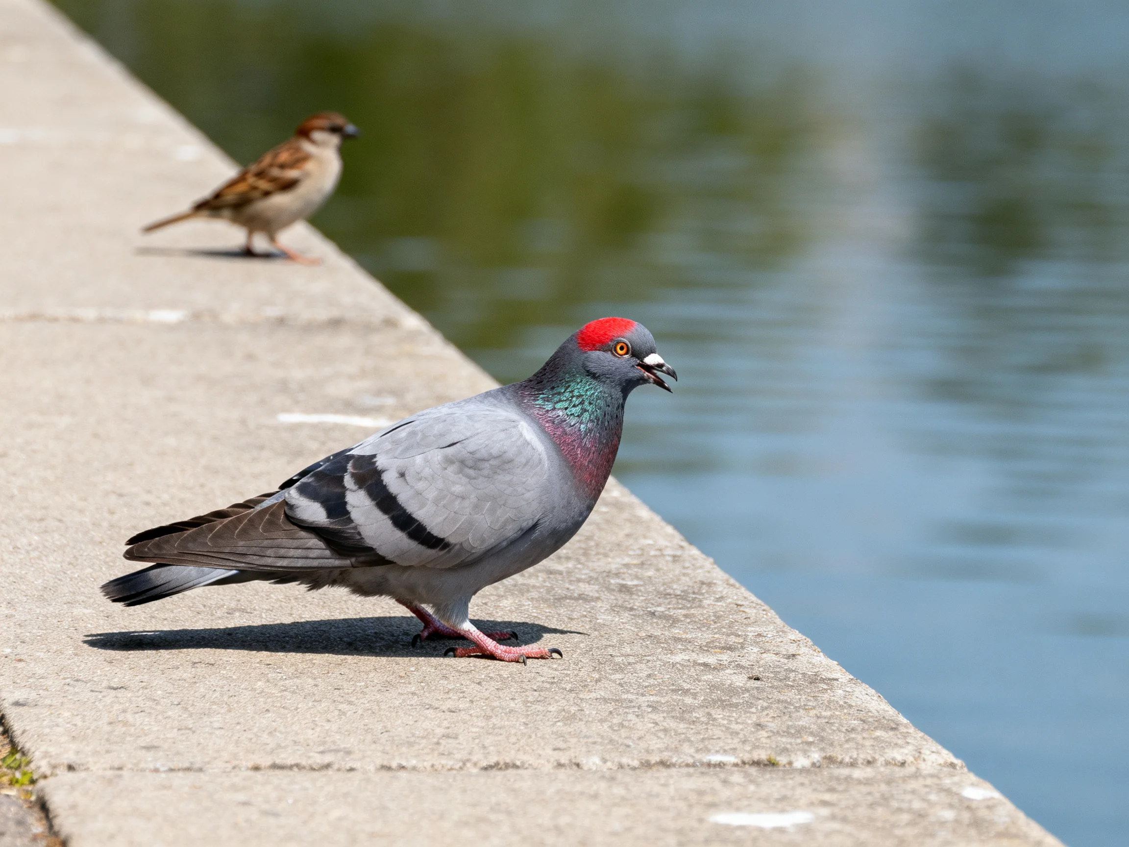 Gray pigeon with red crown perched on concrete by water, sparrow in background