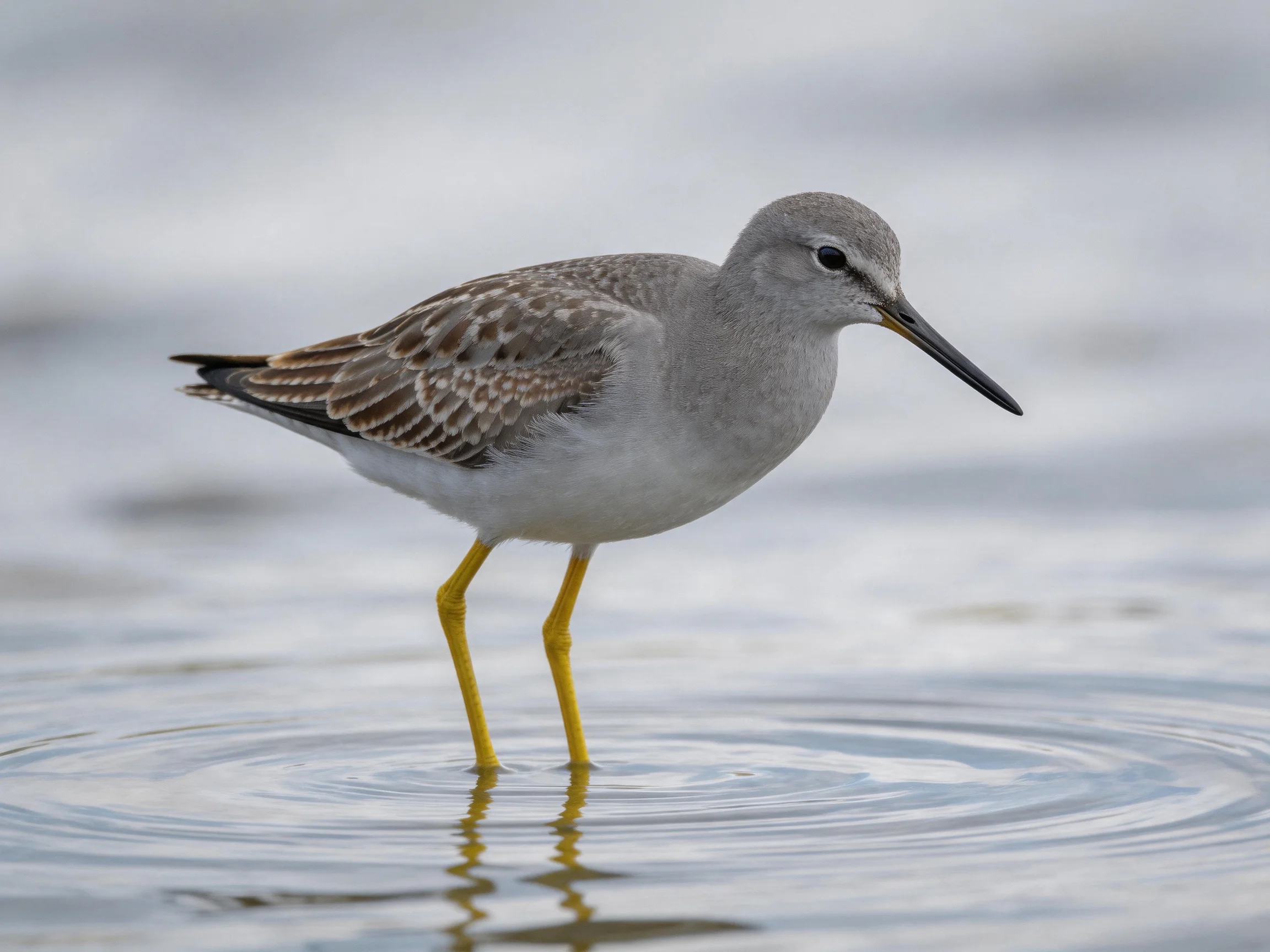 Gray shorebird with yellow legs wades in shallow water