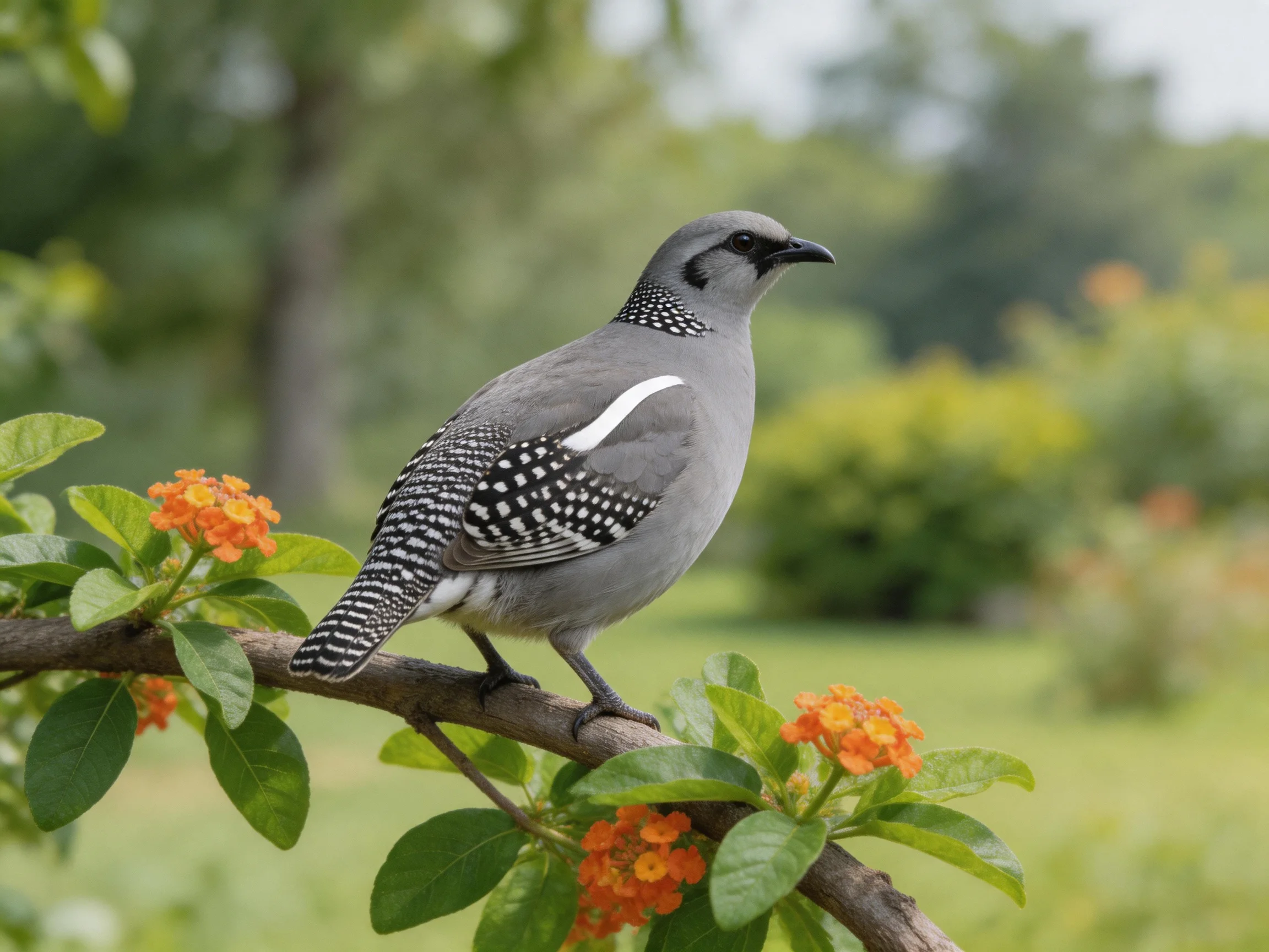 Gray-spotted bird perched on orange-flowered branch