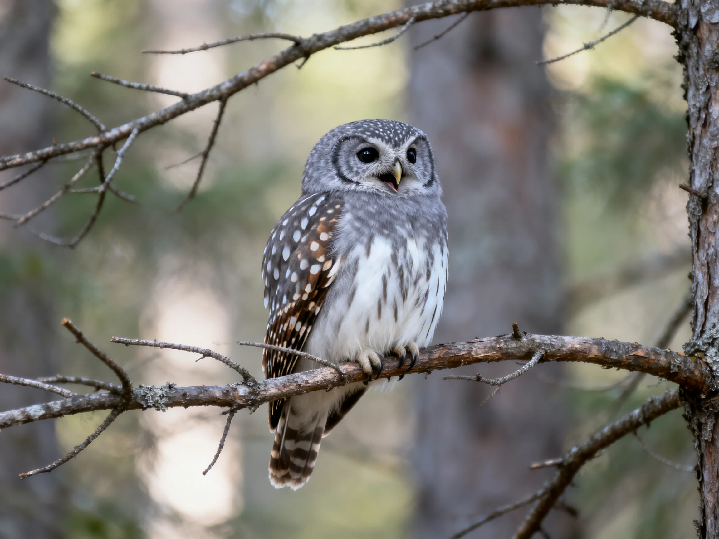 Gray-spotted owl perched on forest branch