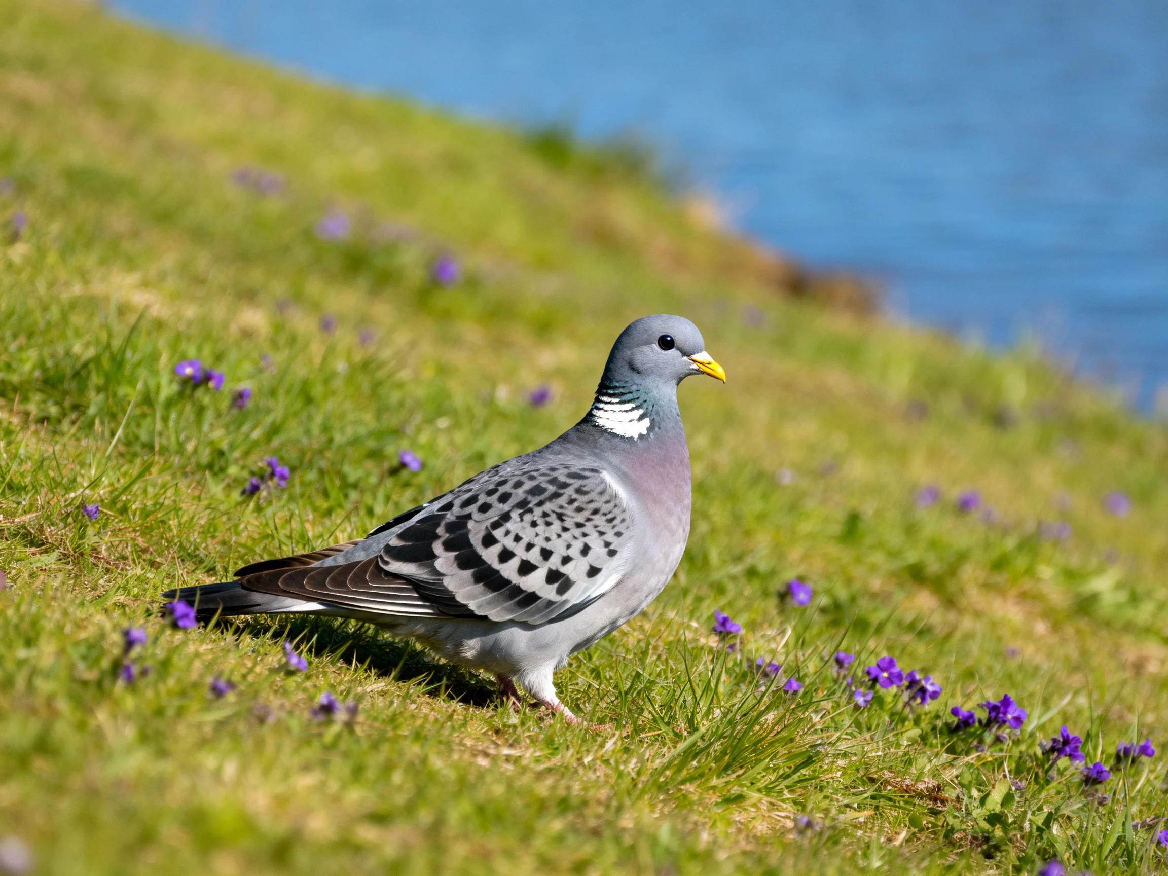 Gray-spotted pigeon on grassy slope with purple flowers